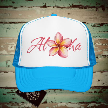 Aloha Watercolor Plumeria, Hawaii Trucker Hat Blue/White / One size