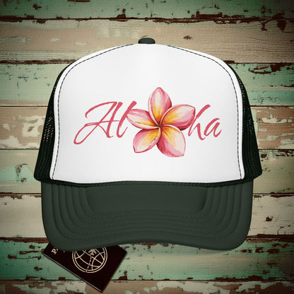 Aloha Watercolor Plumeria, Hawaii Trucker Hat Dark Green / White / Dark Green / One size
