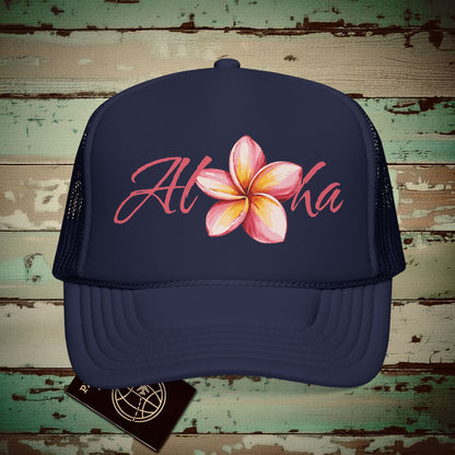 Aloha Watercolor Plumeria, Hawaii Trucker Hat Dark Navy / One size