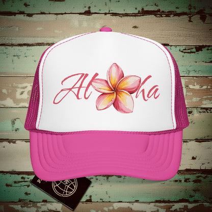 Aloha Watercolor Plumeria, Hawaii Trucker Hat Hot Pink/ White/ Hot Pink / One size
