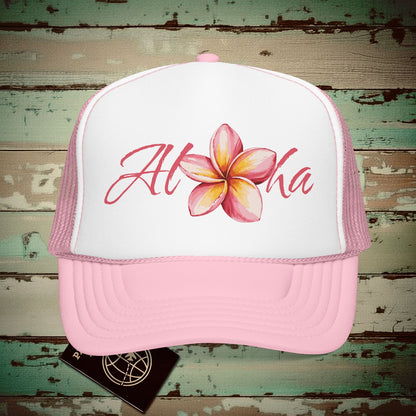 Aloha Watercolor Plumeria, Hawaii Trucker Hat Light Pink/White / One size