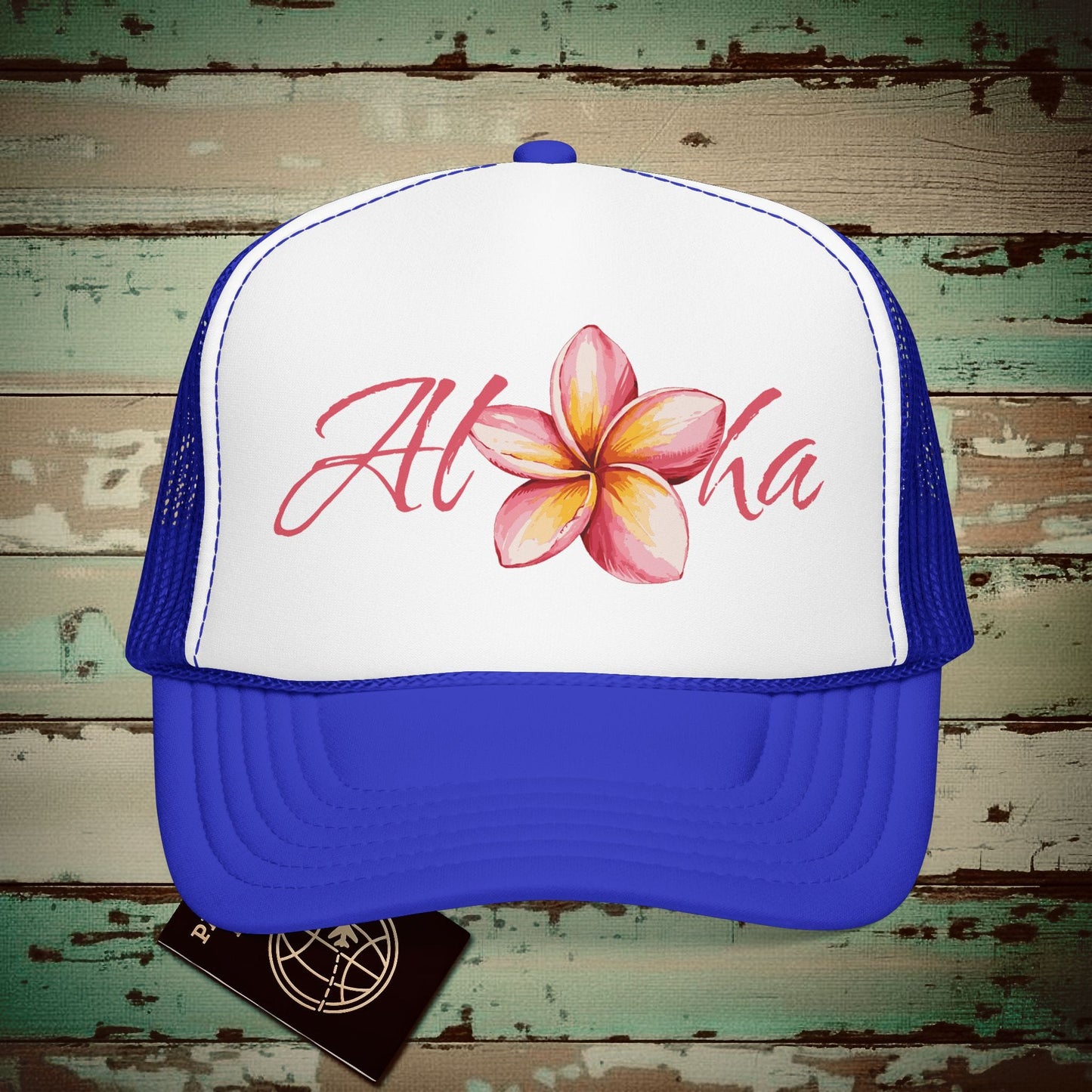 Aloha Watercolor Plumeria, Hawaii Trucker Hat Royal / White / Royal / One size
