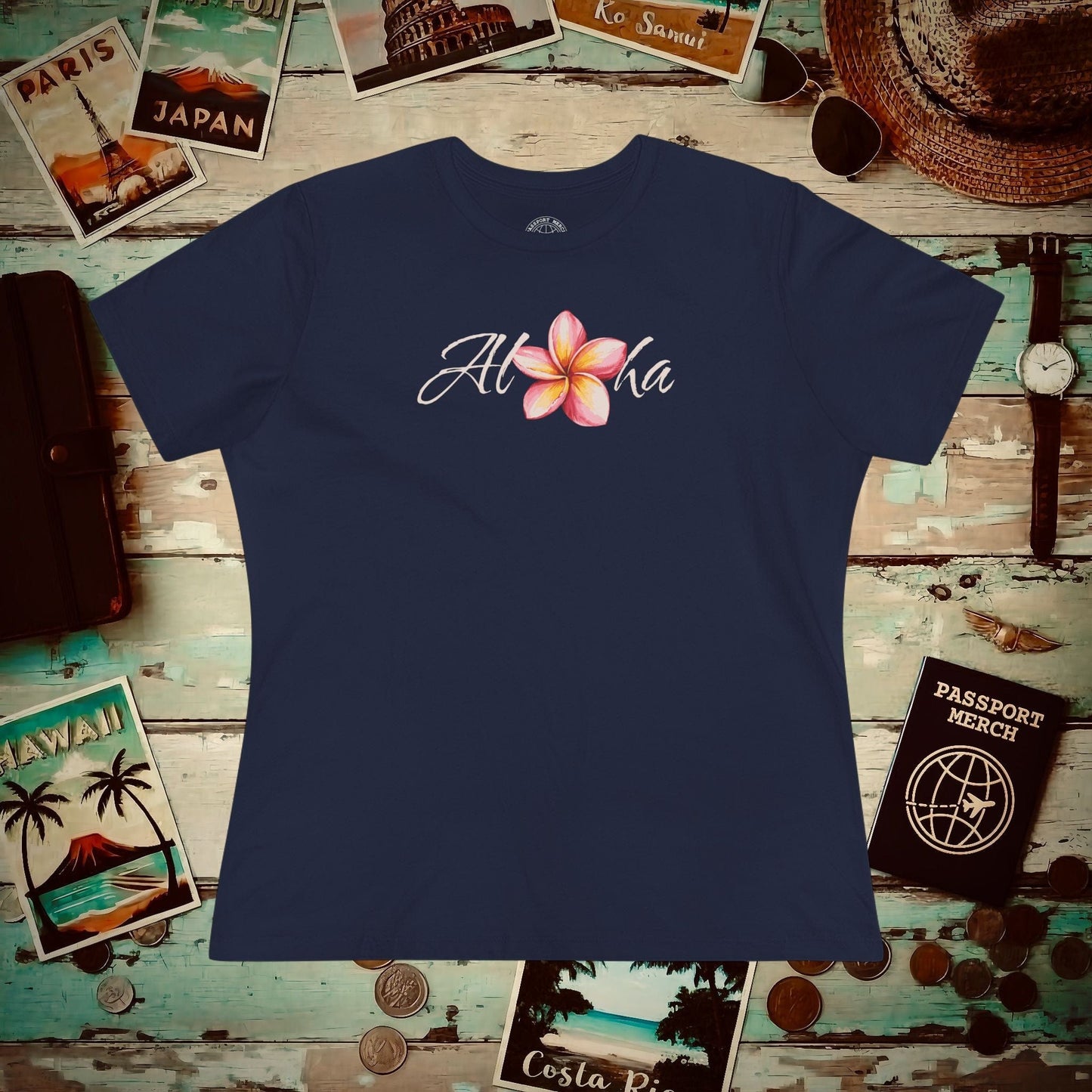 Aloha Watercolor Plumeria, Hawaii, Womens Fit T-Shirt Navy / S