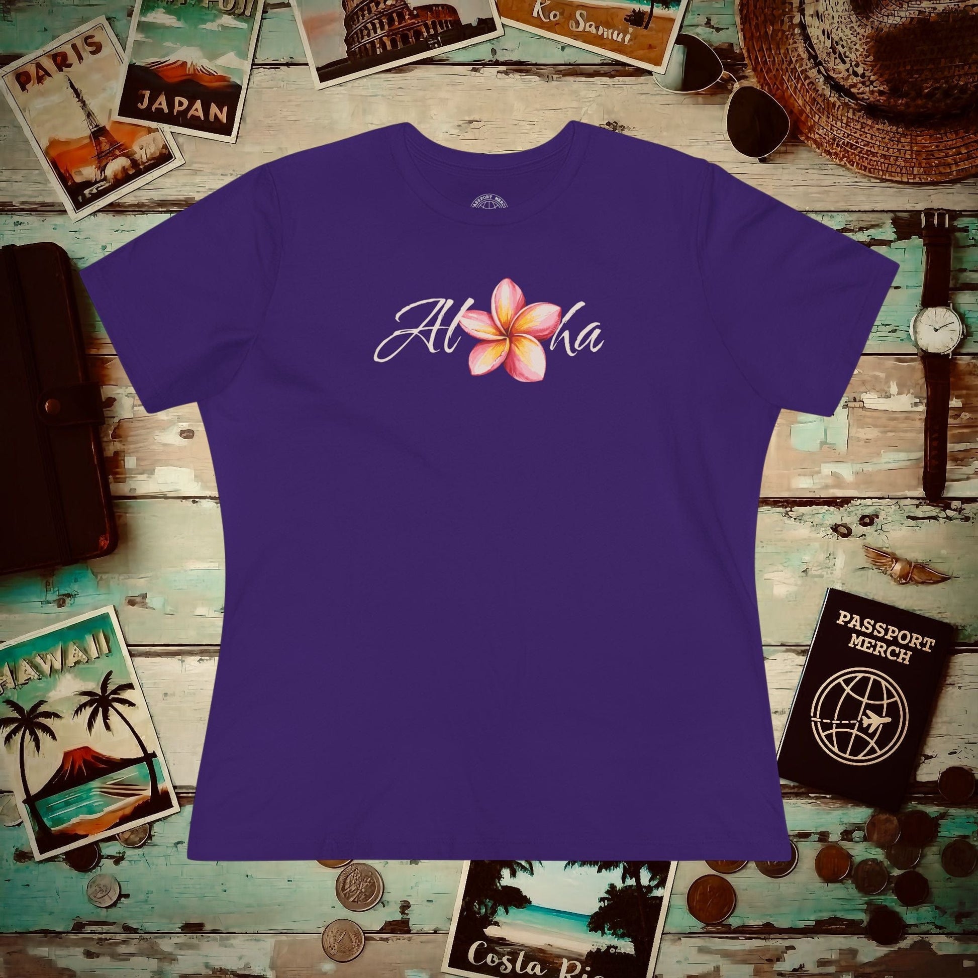 Aloha Watercolor Plumeria, Hawaii, Womens Fit T-Shirt Team Purple / S