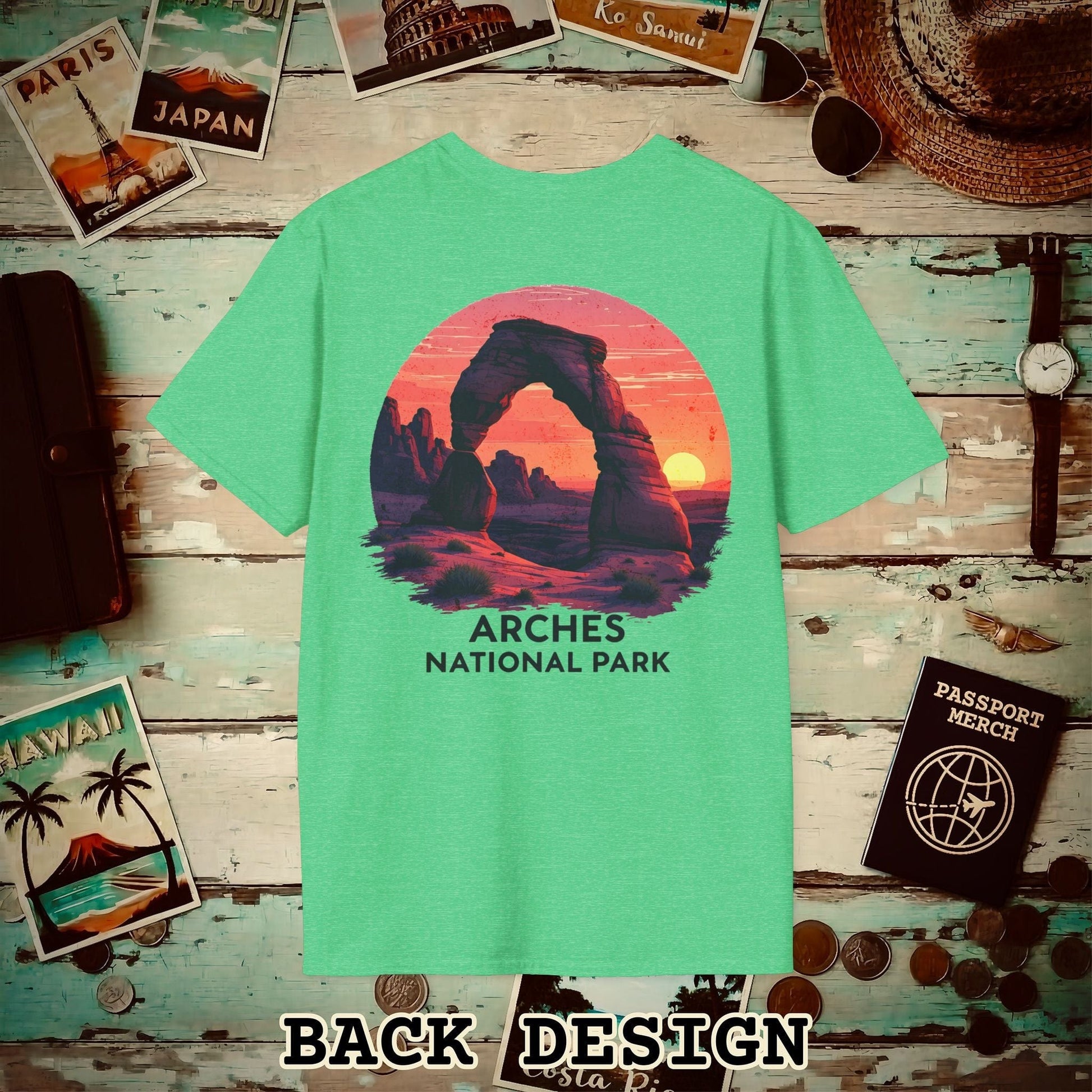 Arches National Park, Utah, Back Print T-Shirt Heather Irish Green / S