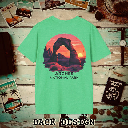 Arches National Park, Utah, Back Print T-Shirt Heather Irish Green / S