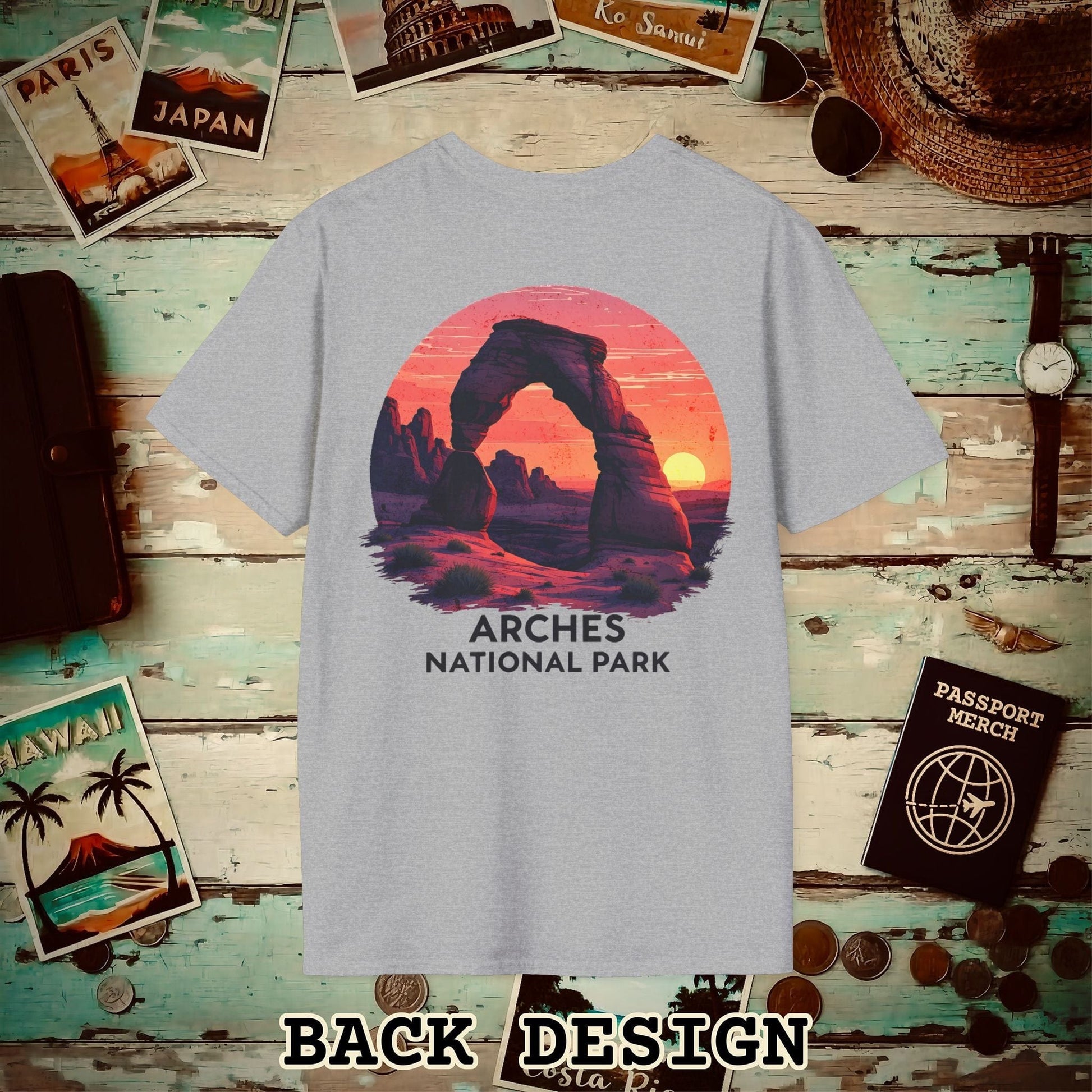 Arches National Park, Utah, Back Print T-Shirt Sport Grey / S