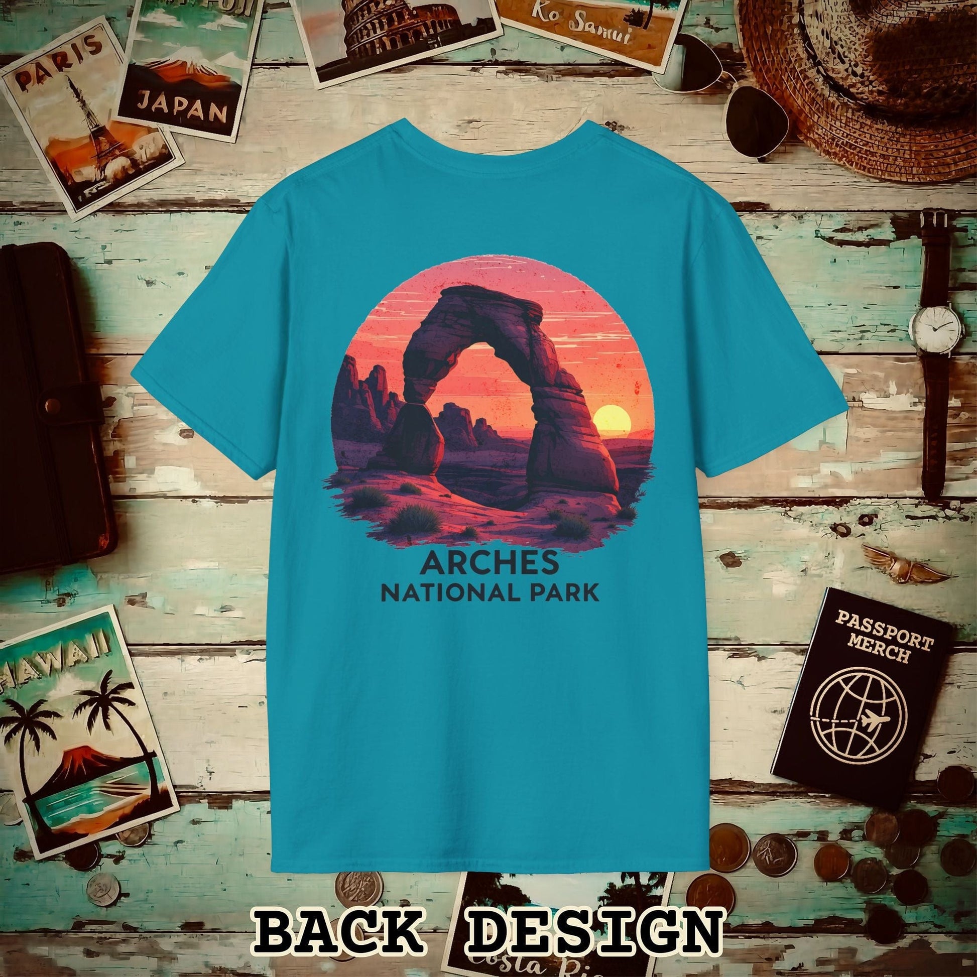 Arches National Park, Utah, Back Print T-Shirt Tropical Blue / S