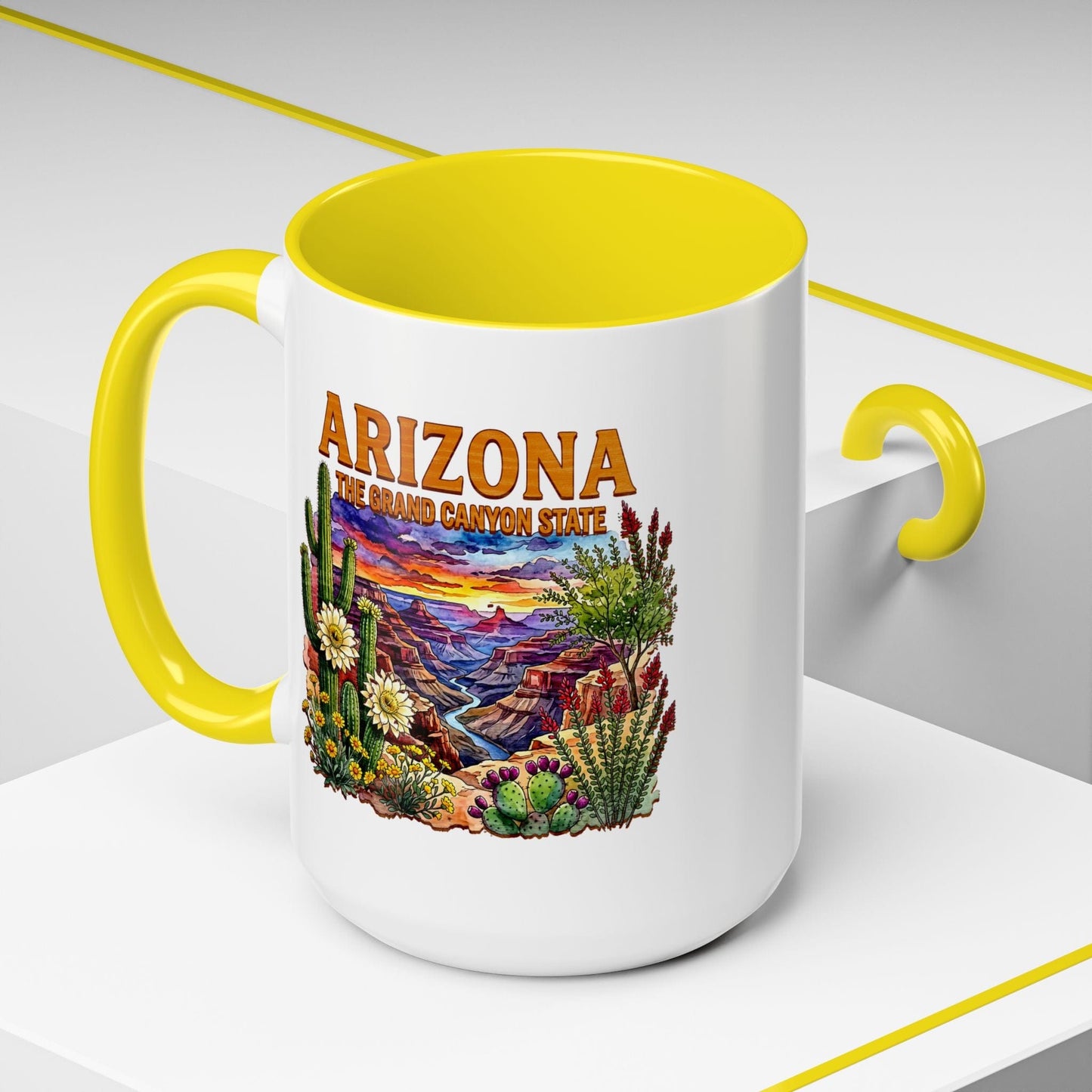 Arizona Flowers in Watercolored Oak 15oz Mug Yellow / 15oz