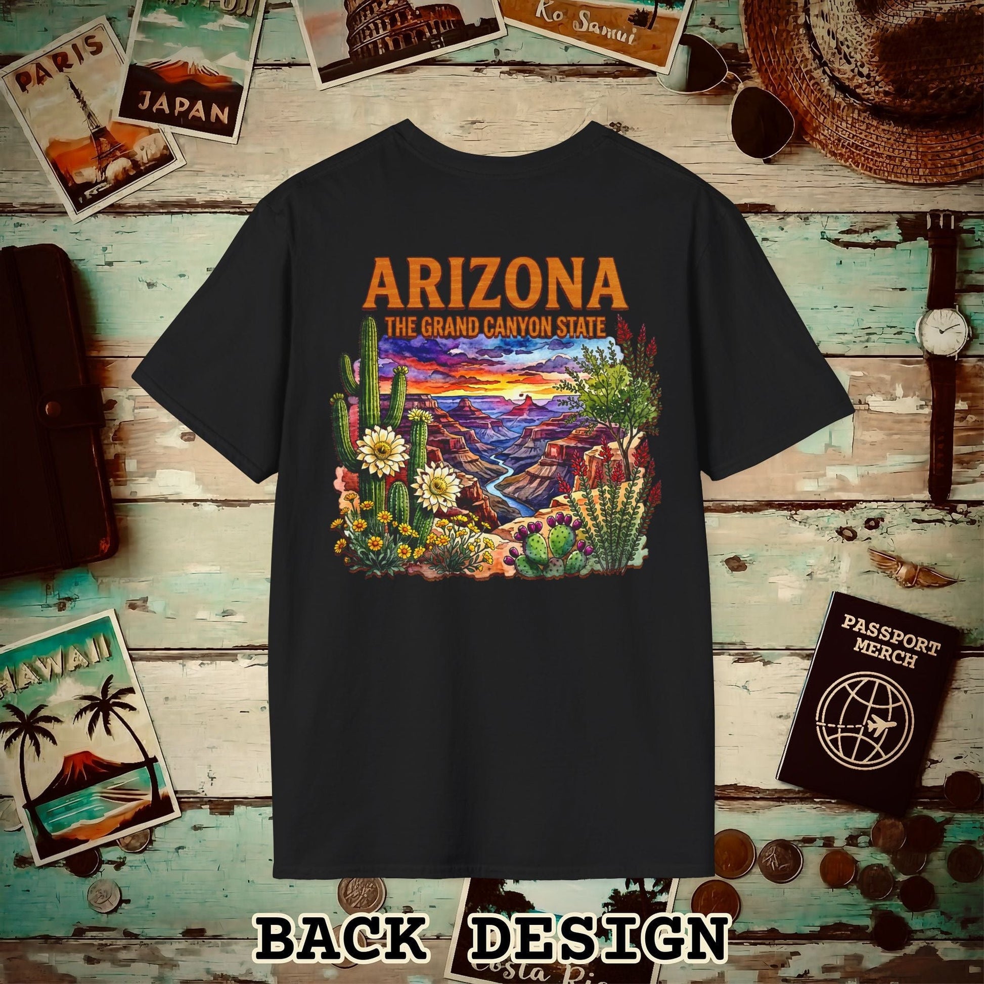 Arizona Flowers in Watercolored Oak Back Print T-Shirt Black / S