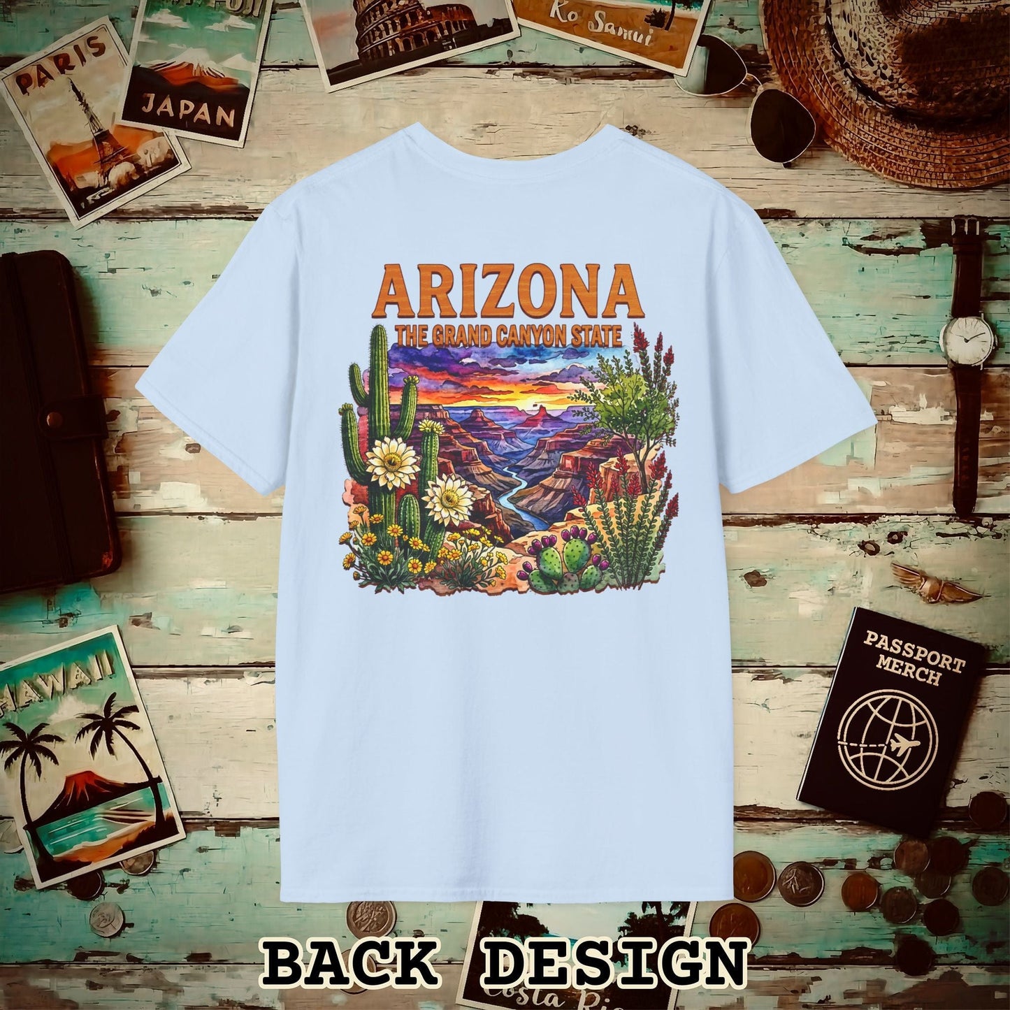 Arizona Flowers in Watercolored Oak Back Print T-Shirt Light Blue / S