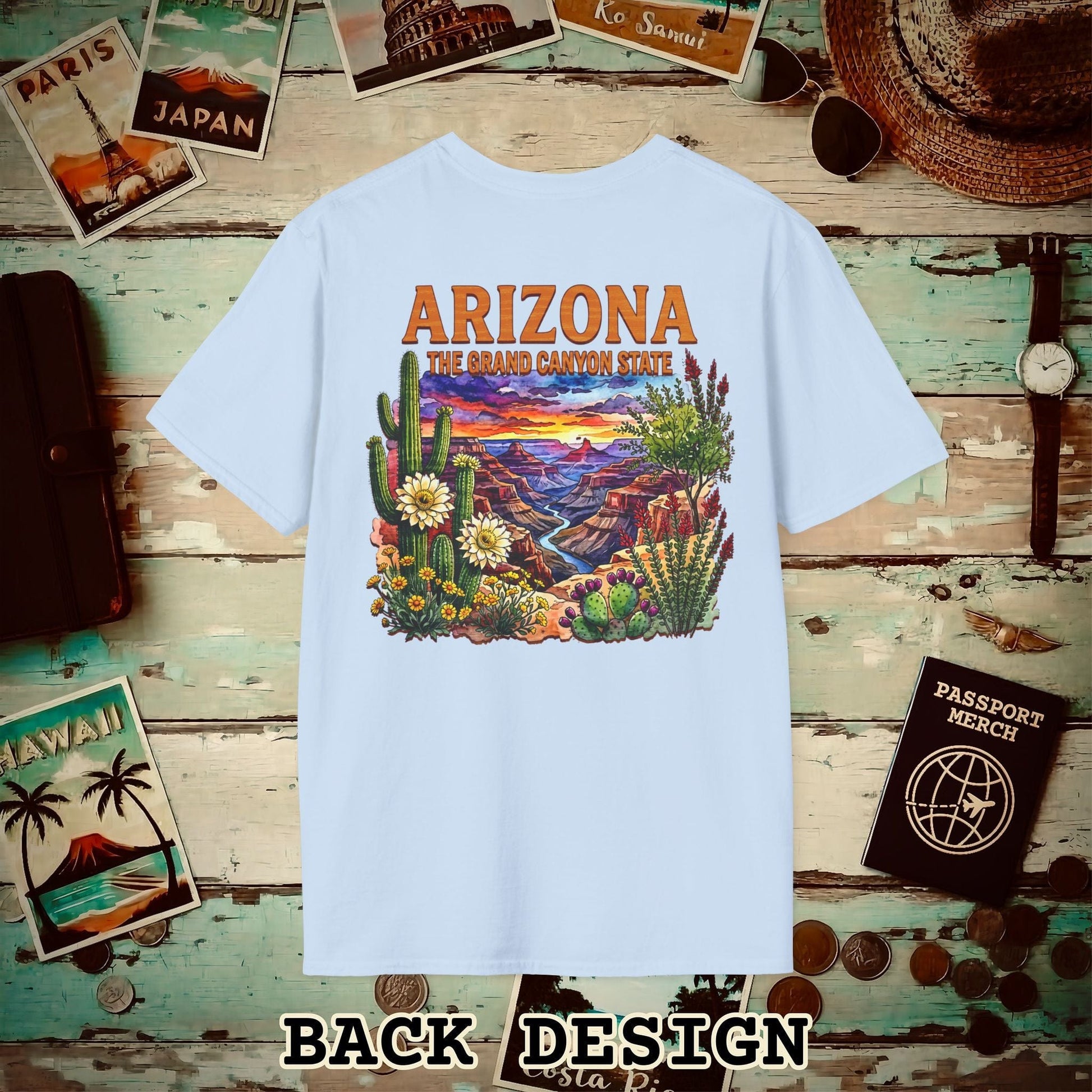 Arizona Flowers in Watercolored Oak Back Print T-Shirt Light Blue / S
