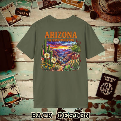 Arizona Flowers in Watercolored Oak Back Print T-Shirt Military Green / S