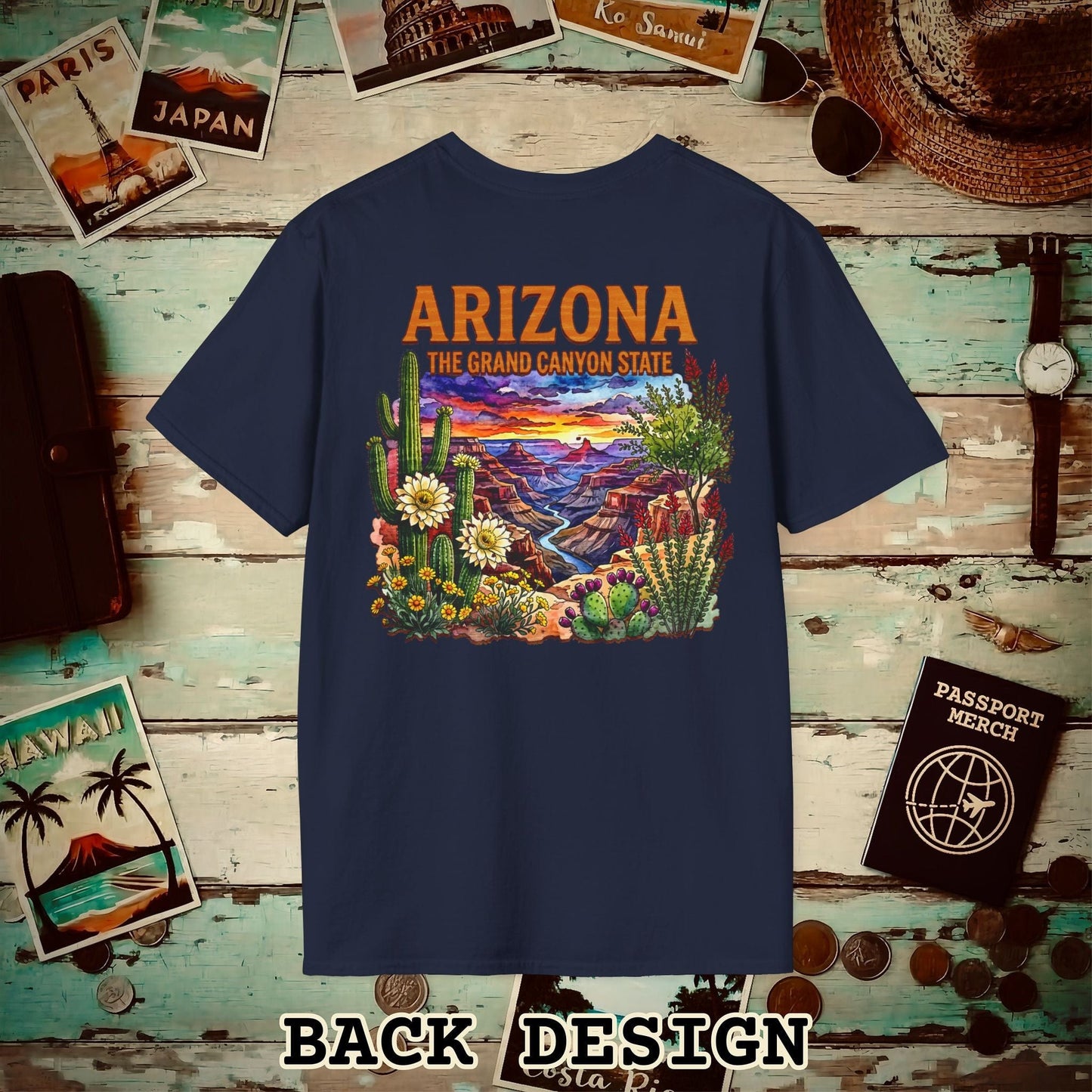 Arizona Flowers in Watercolored Oak Back Print T-Shirt Navy / S