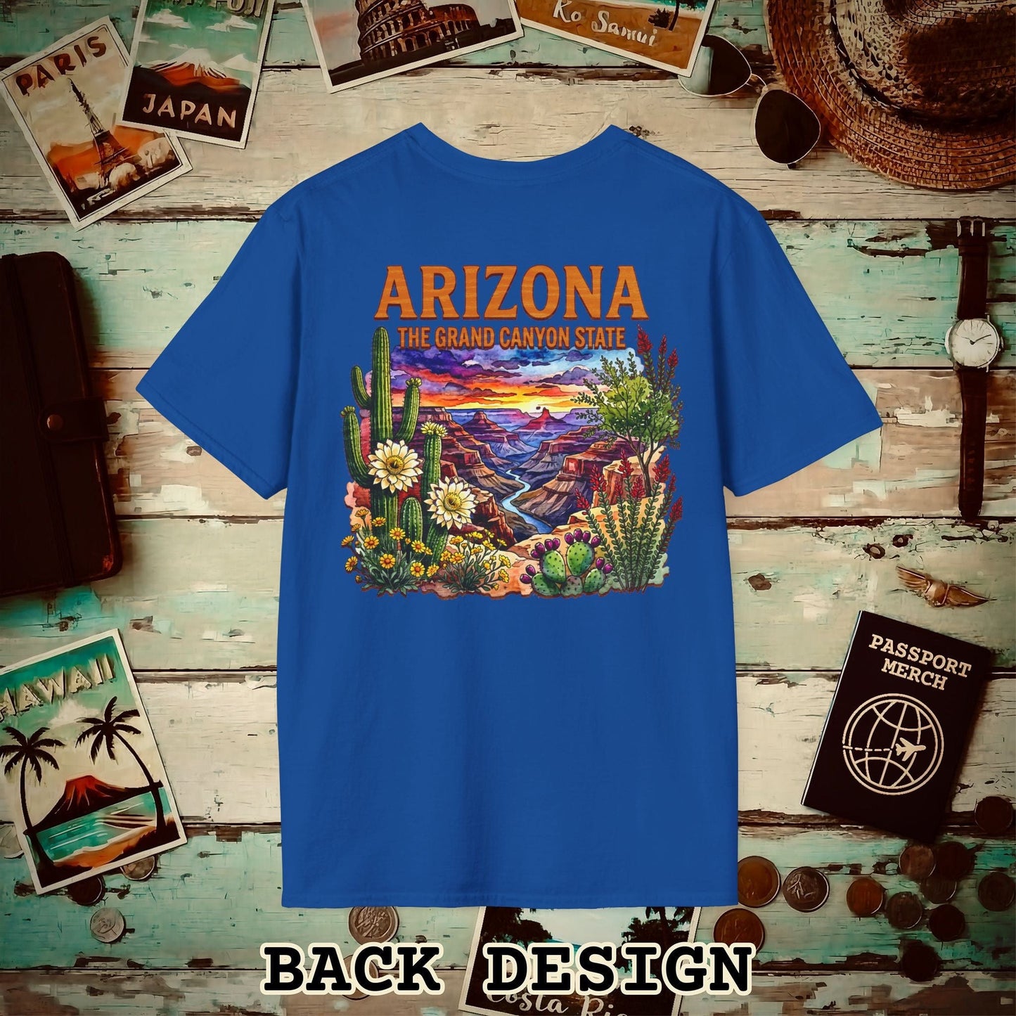 Arizona Flowers in Watercolored Oak Back Print T-Shirt Royal / S