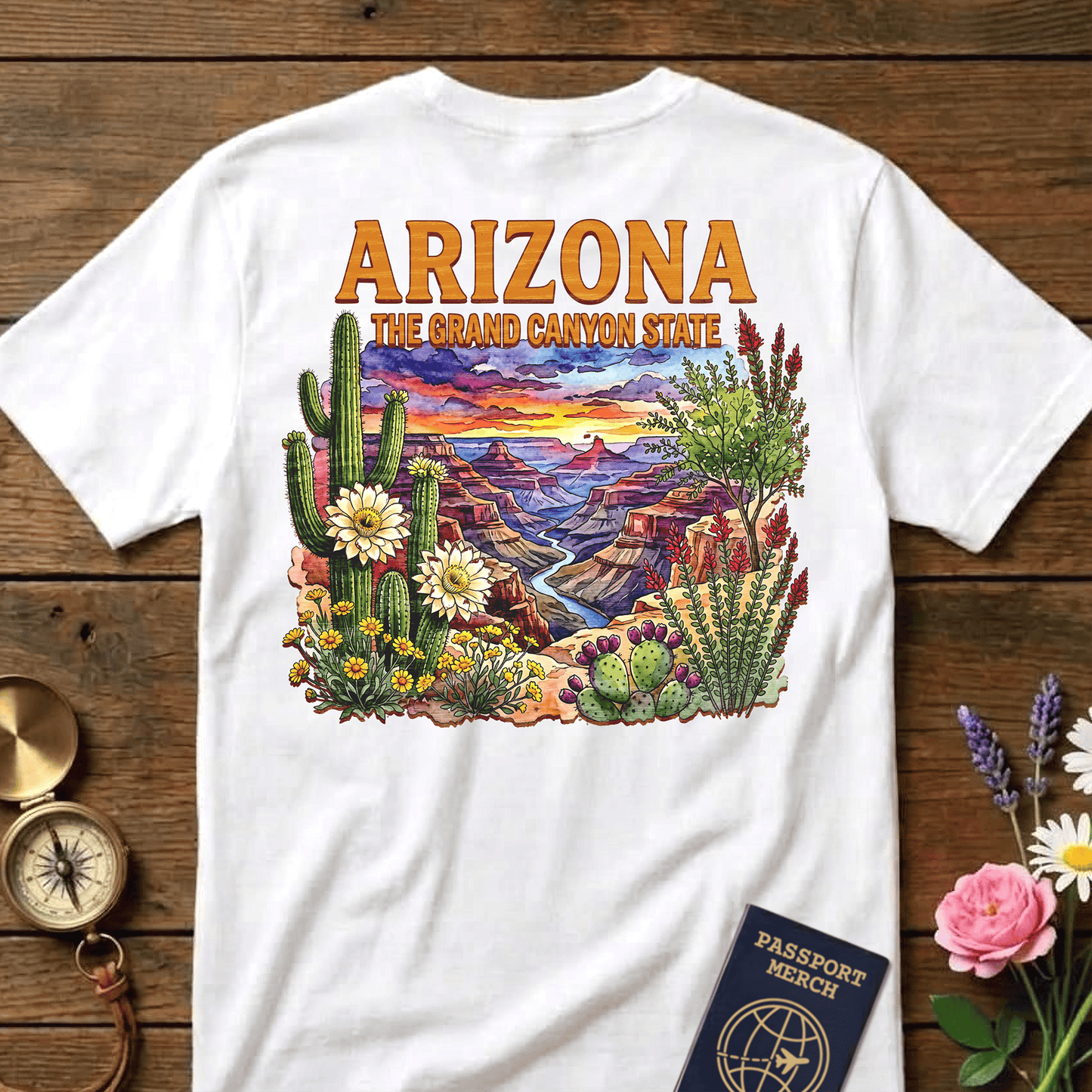 Arizona Flowers in Watercolored Oak Back Print T-Shirt White / S