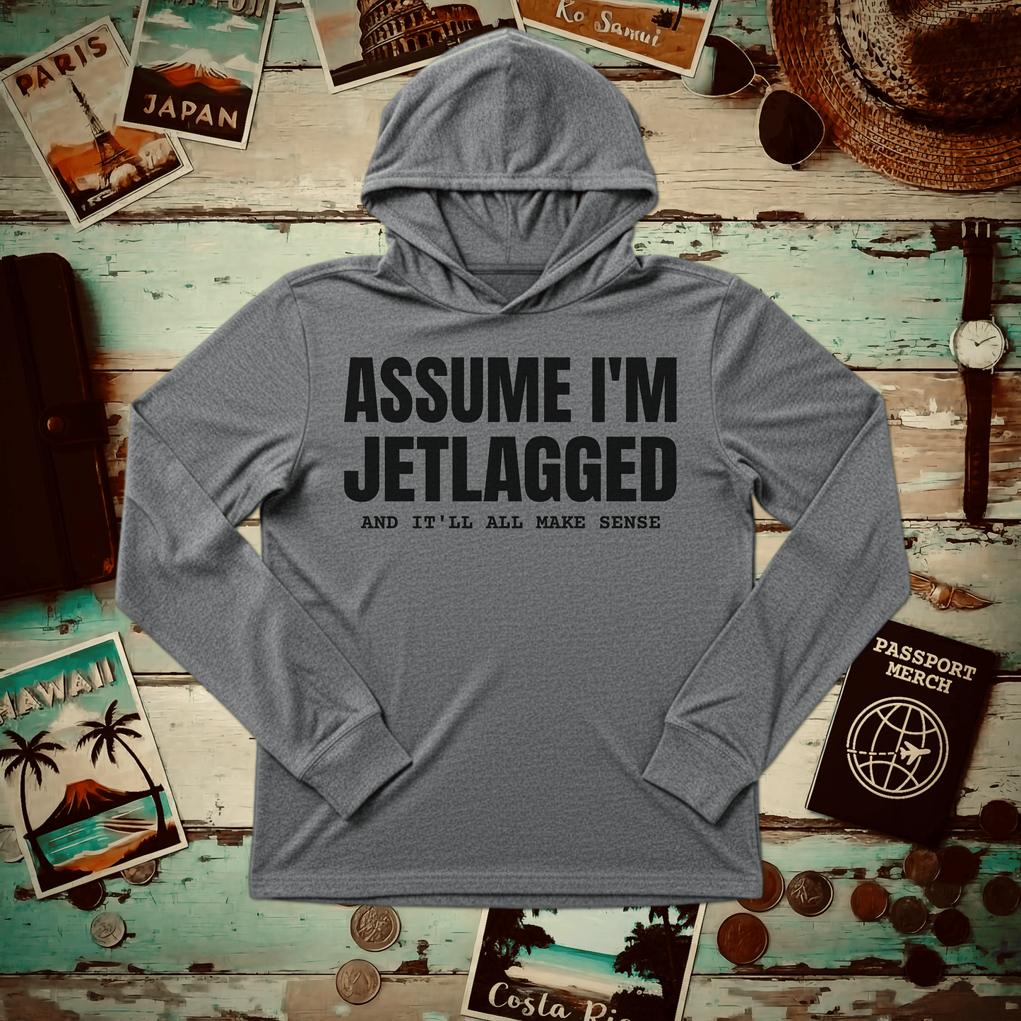 Assume I'm Jetlagged Hooded Long Sleeve Grey TriBlend / XS