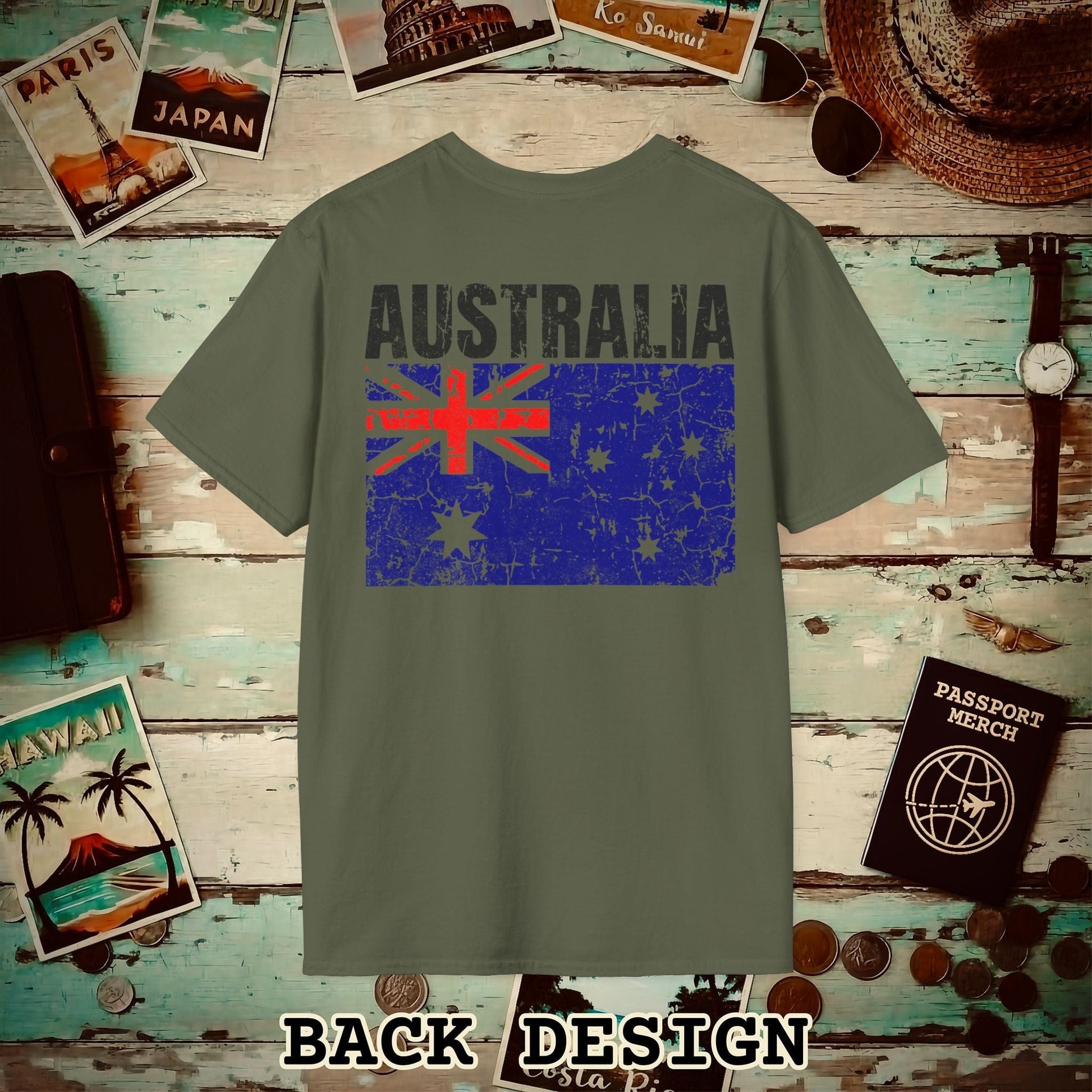 Australia Vintage Flag Back Print T-Shirt Military Green / S