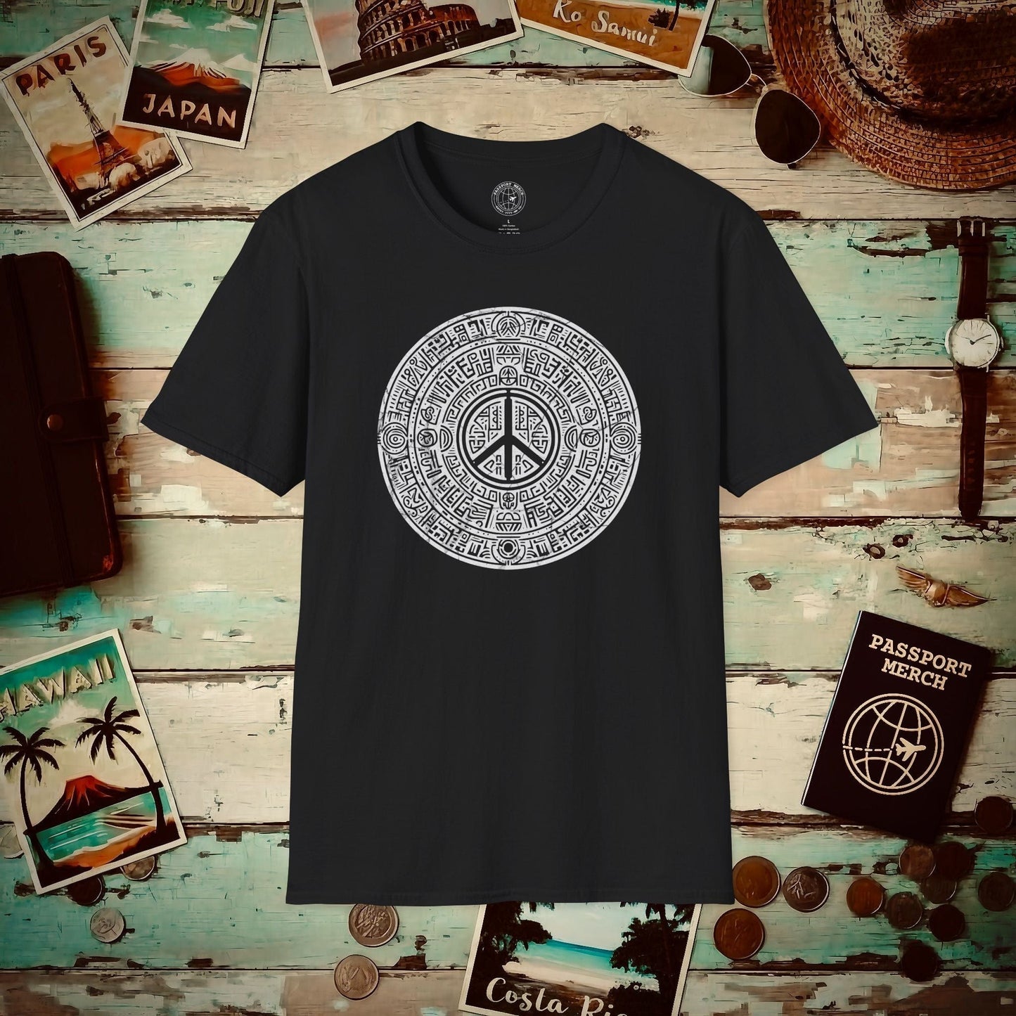 Aztec Peace Calendar Mexico T-Shirt Black / S