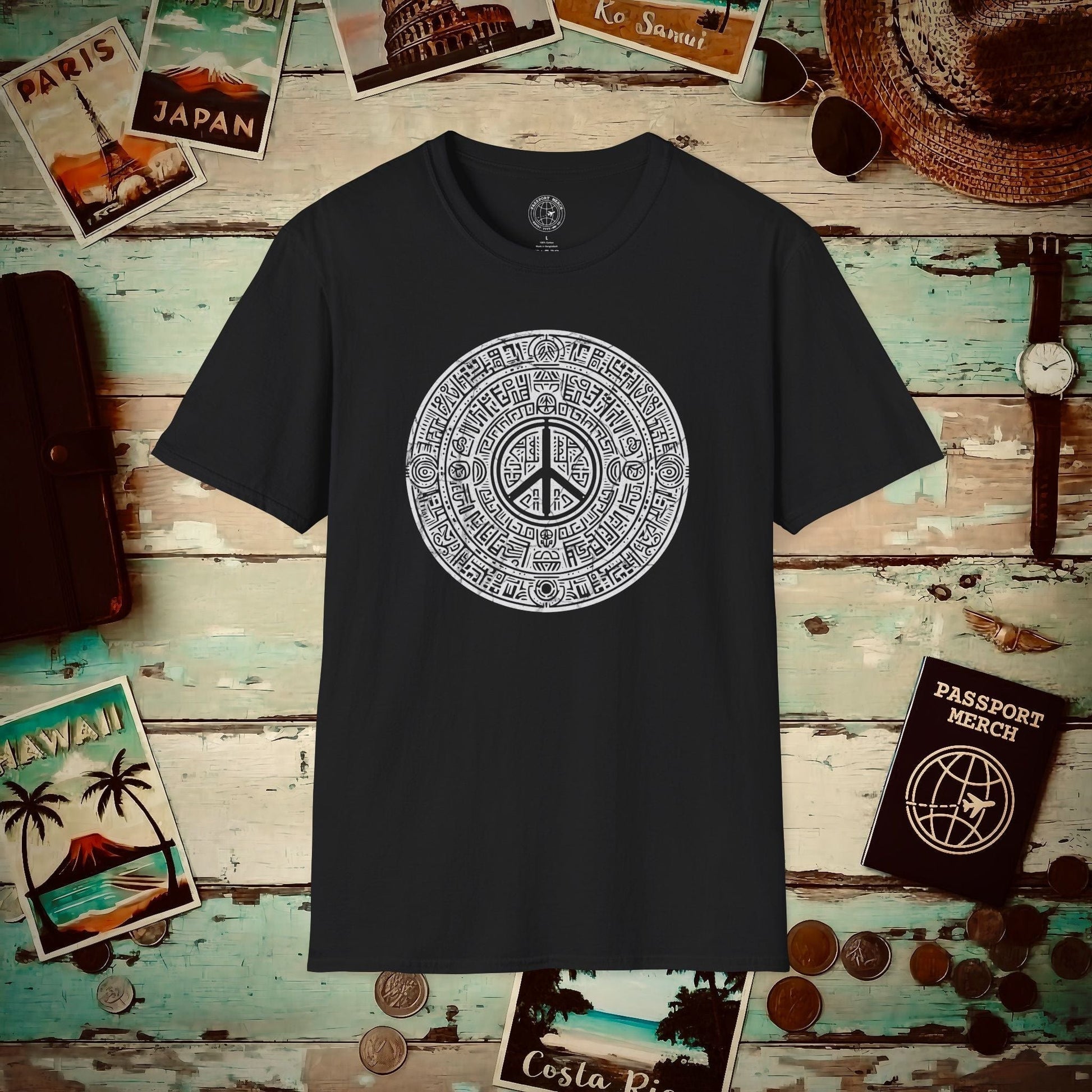 Aztec Peace Calendar Mexico T-Shirt Black / S
