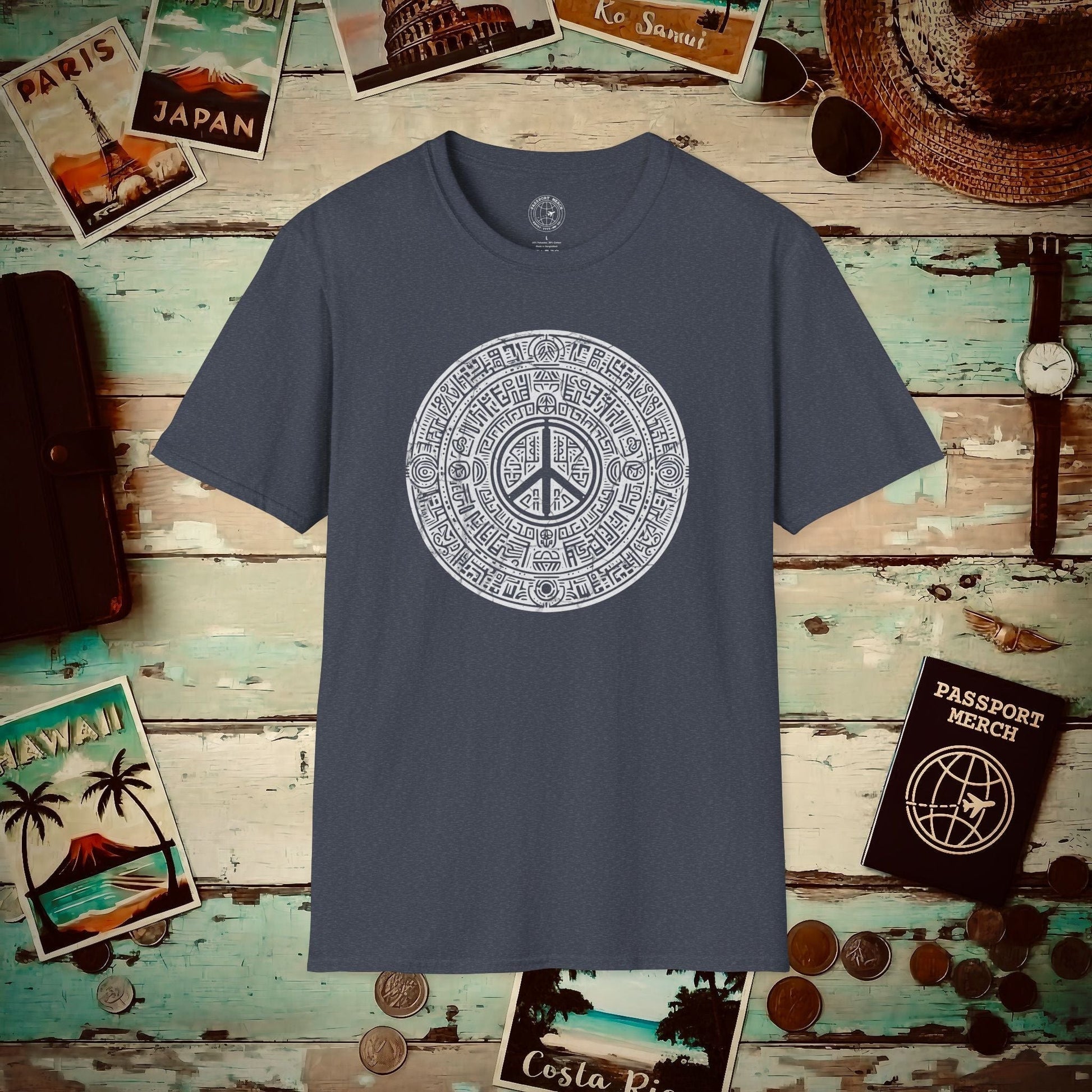 Aztec Peace Calendar Mexico T-Shirt Heather Navy / S