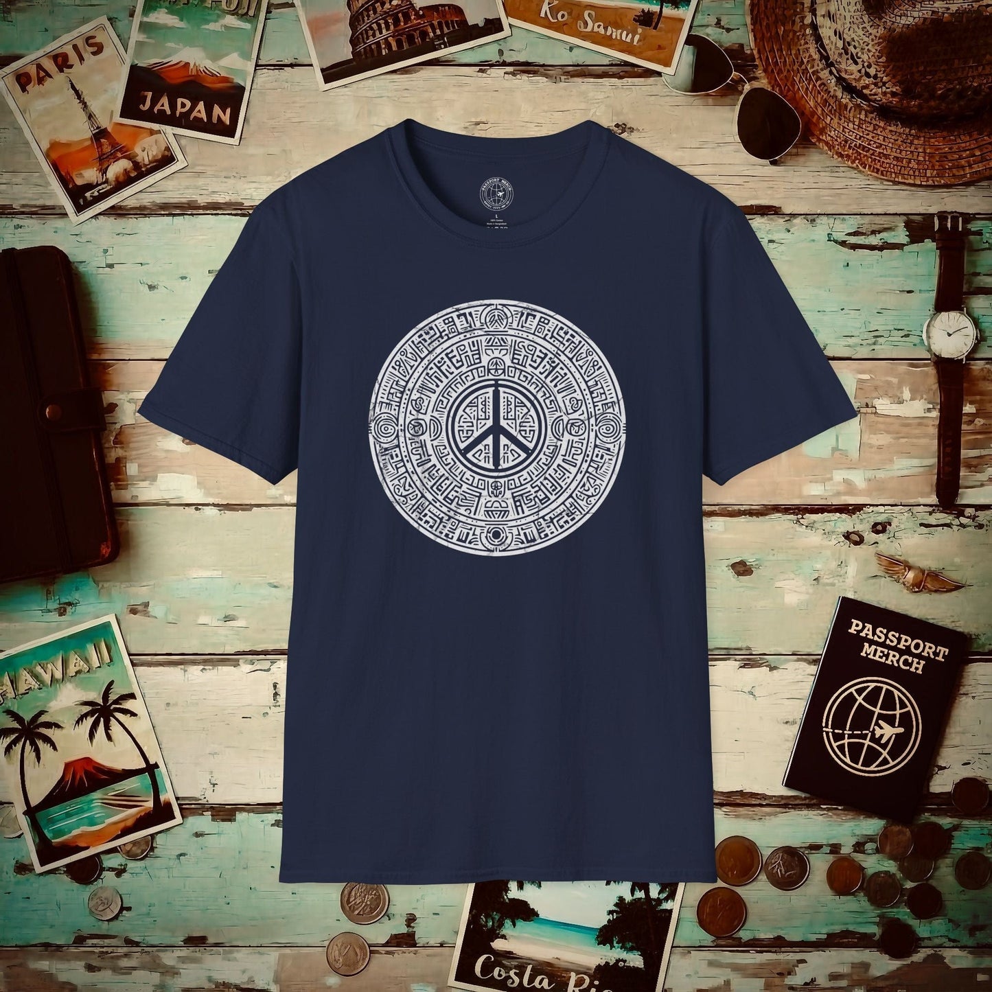 Aztec Peace Calendar Mexico T-Shirt Navy / S