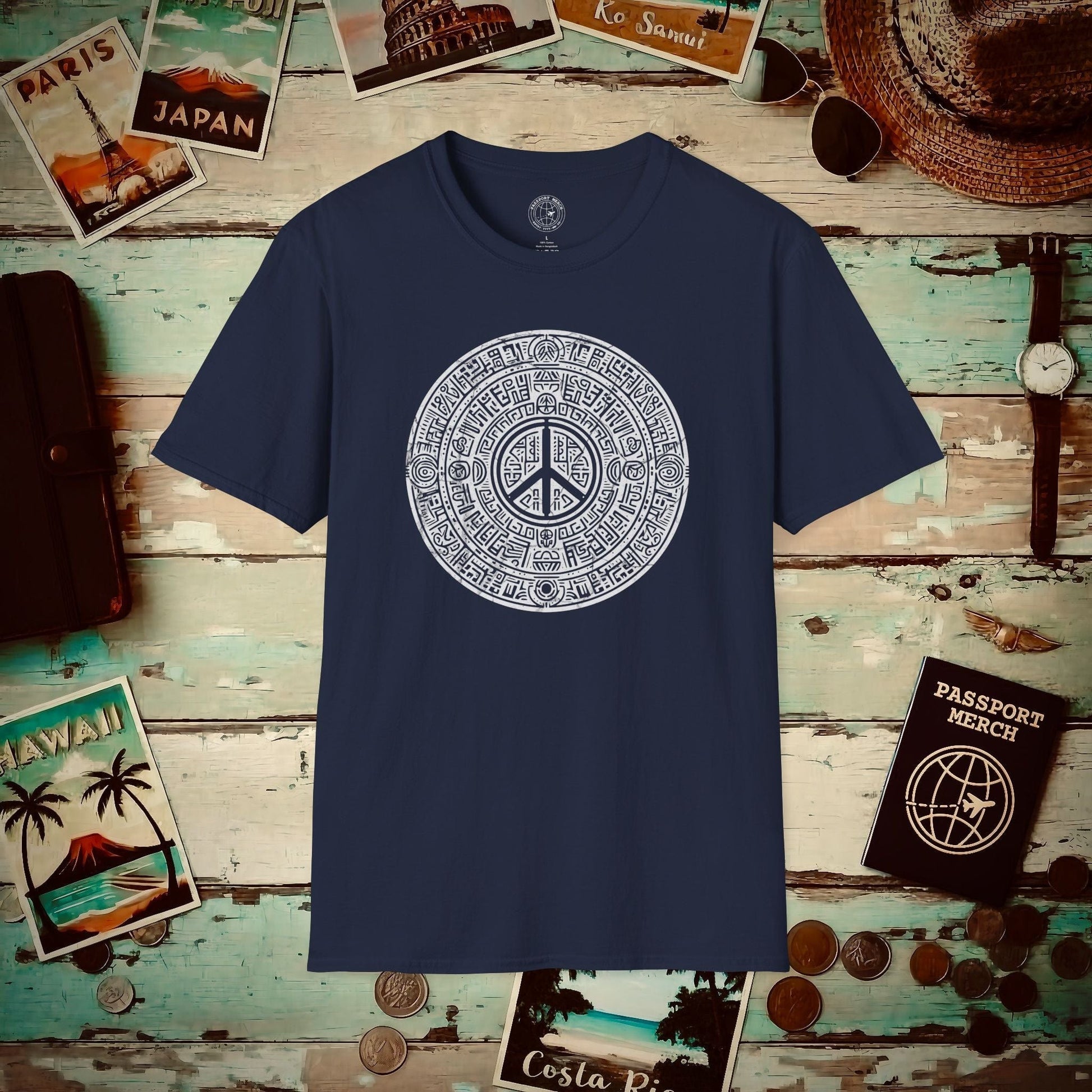 Aztec Peace Calendar Mexico T-Shirt Navy / S