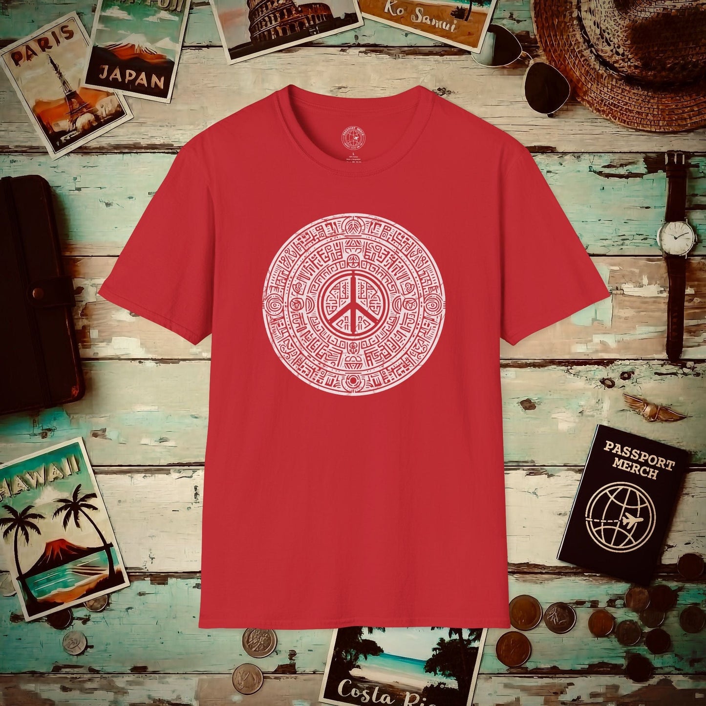 Aztec Peace Calendar Mexico T-Shirt Red / S