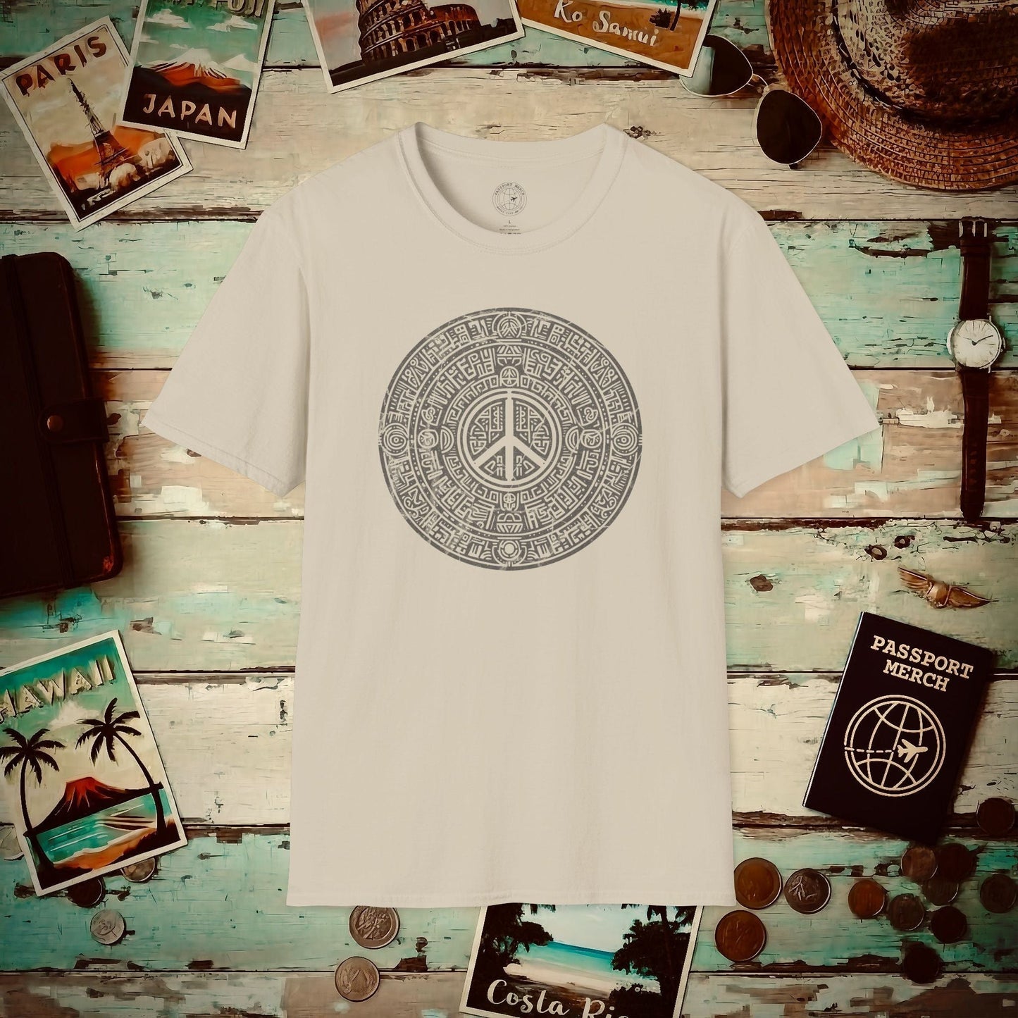 Aztec Peace Calendar Mexico T-Shirt Sand / S