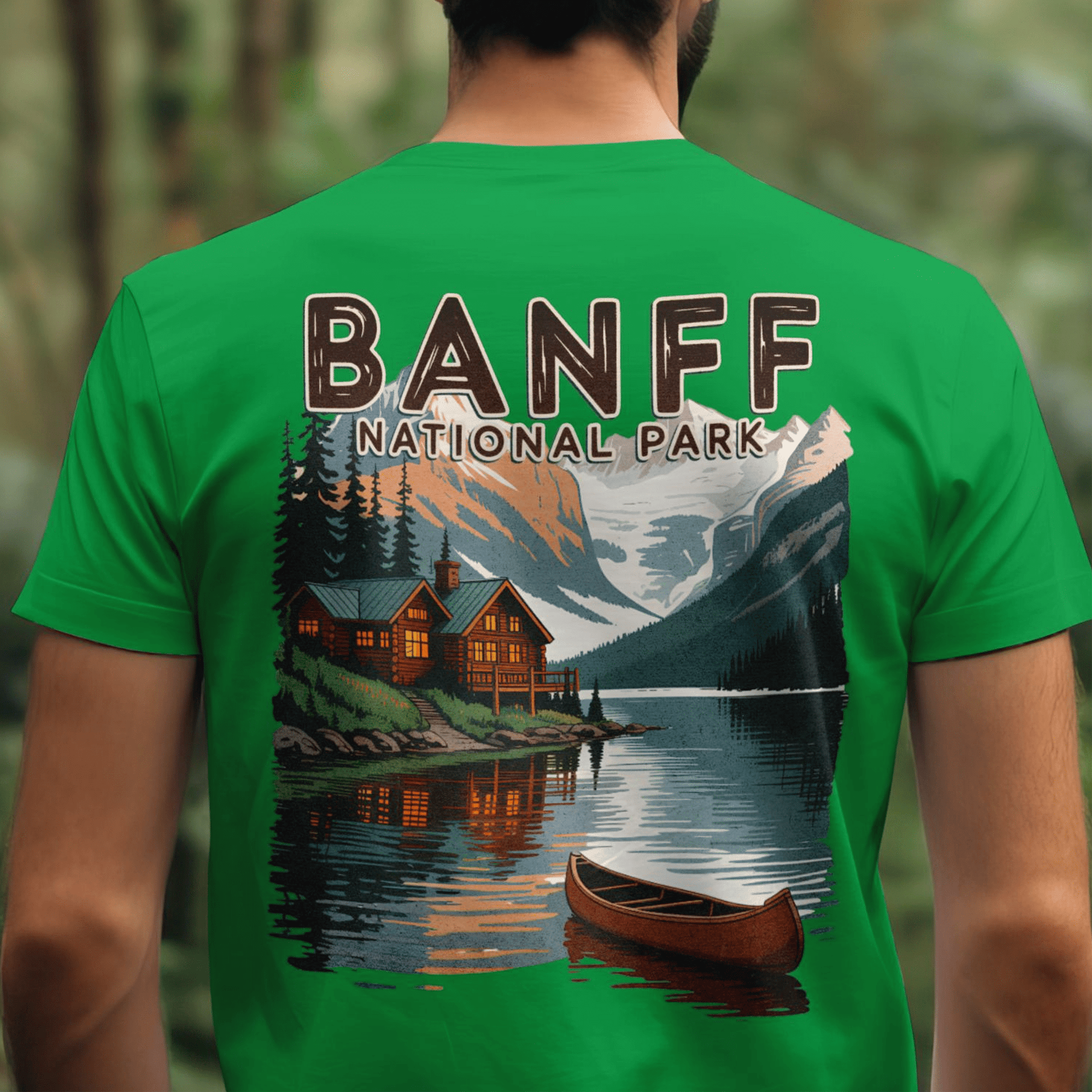 Banff National Park, Canada, Back Print T-Shirt Irish Green / S