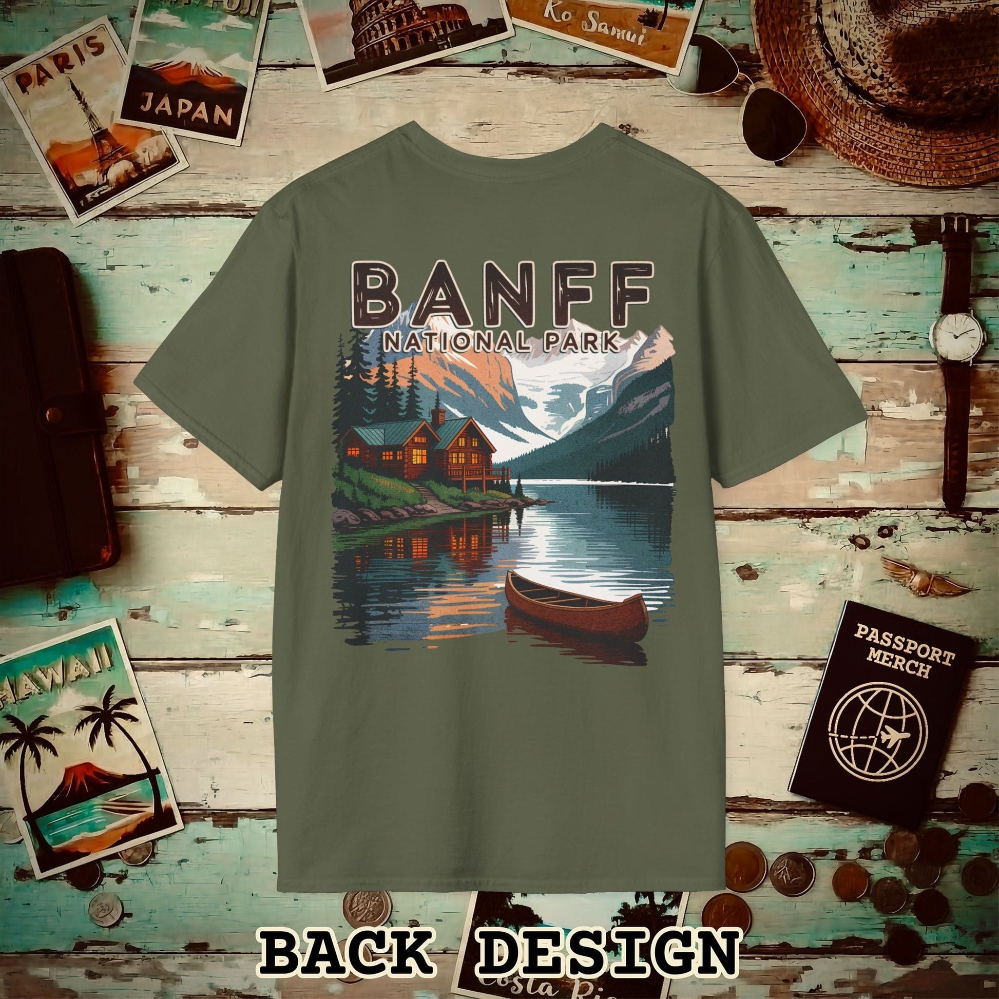 Banff National Park, Canada, Back Print T-Shirt Military Green / S