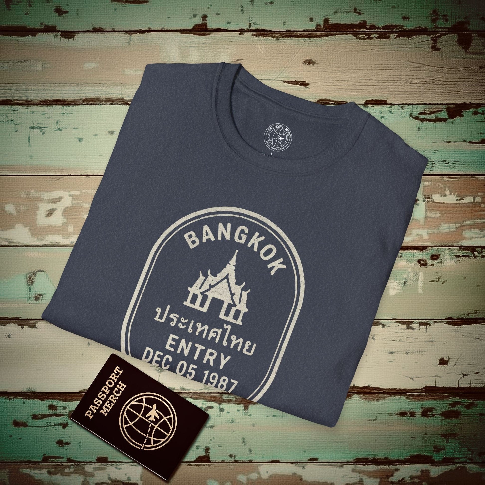 Bangkok, Thailand - Vintage Passport Stamp T-Shirt Heather Navy / S