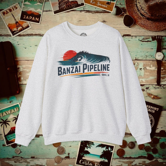 Banzai Pipeline, Oahu, Hawaii - Vibrant Surf Retro Crewneck Ash / S