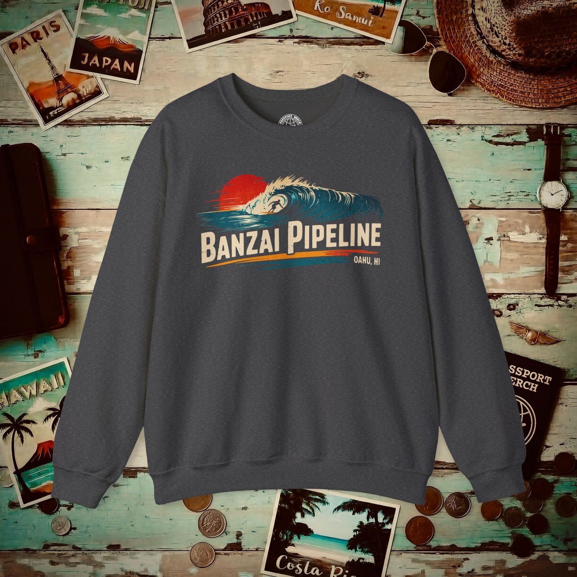 Banzai Pipeline, Oahu, Hawaii - Vibrant Surf Retro Crewneck Dark Heather / S