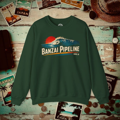 Banzai Pipeline, Oahu, Hawaii - Vibrant Surf Retro Crewneck Forest Green / S