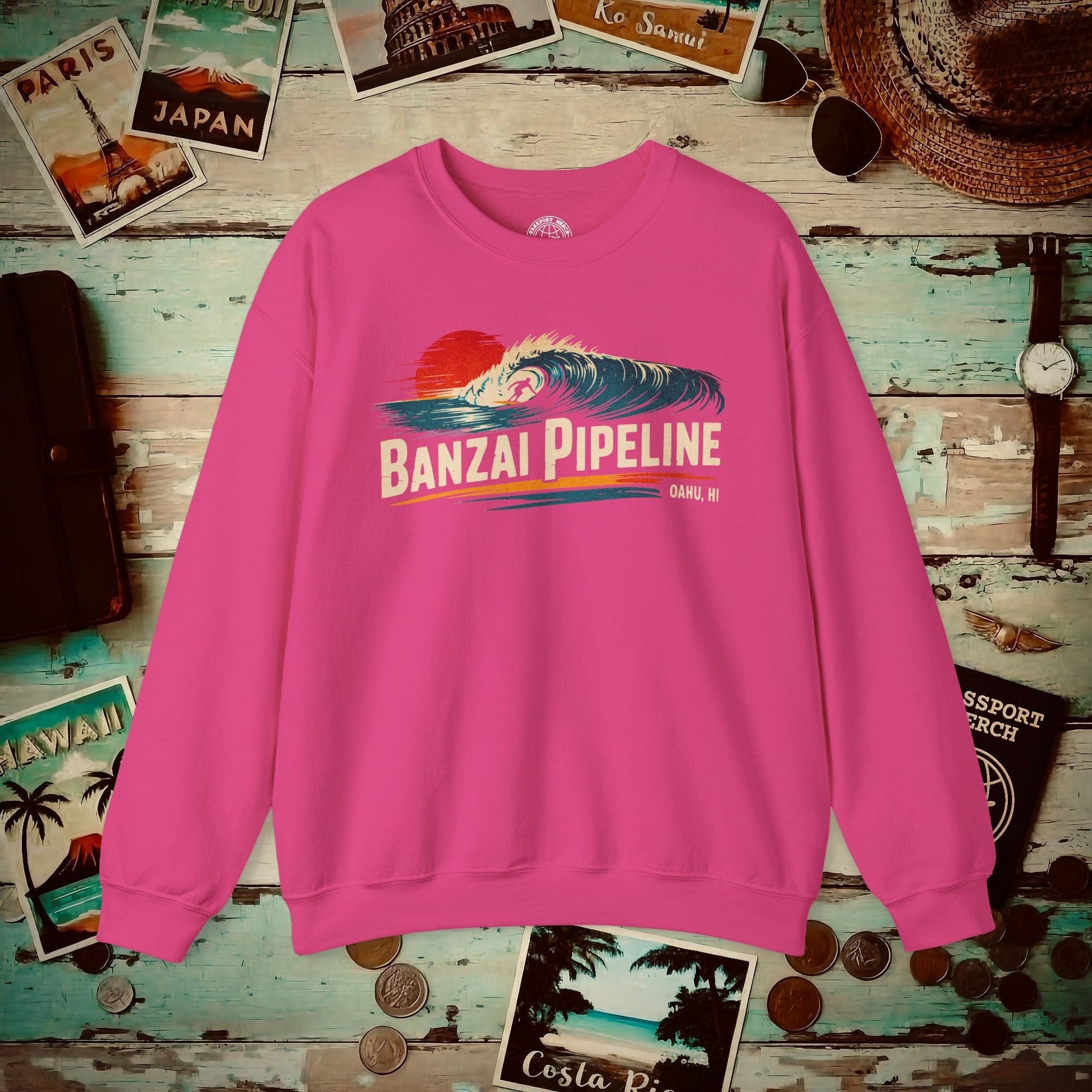 Banzai Pipeline, Oahu, Hawaii - Vibrant Surf Retro Crewneck Heliconia / S