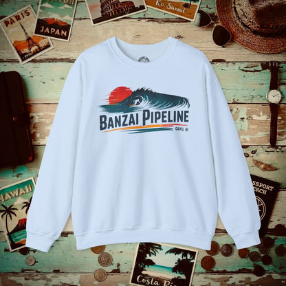 Banzai Pipeline, Oahu, Hawaii - Vibrant Surf Retro Crewneck Light Blue / S