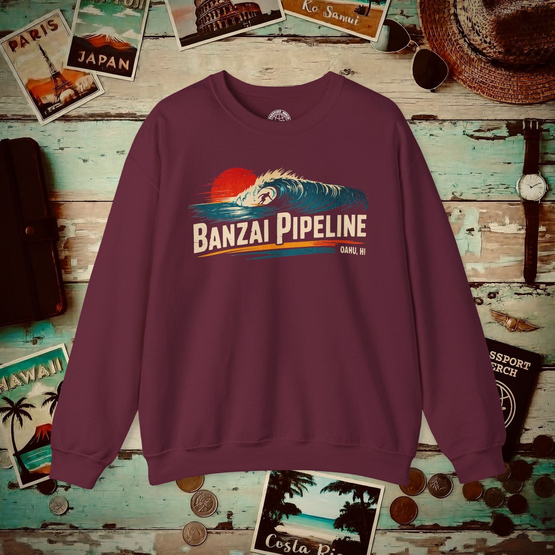 Banzai Pipeline, Oahu, Hawaii - Vibrant Surf Retro Crewneck Maroon / S