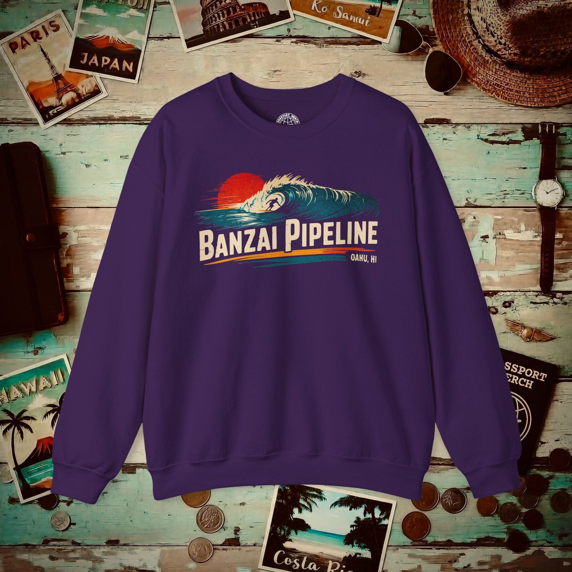 Banzai Pipeline, Oahu, Hawaii - Vibrant Surf Retro Crewneck Purple / S