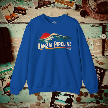 Banzai Pipeline, Oahu, Hawaii - Vibrant Surf Retro Crewneck Royal / S