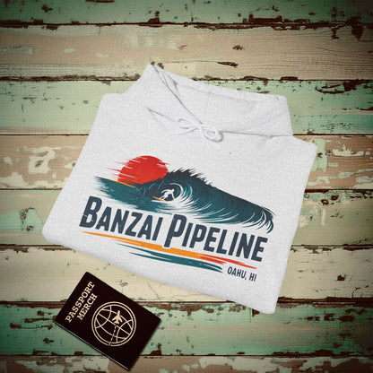 Banzai Pipeline, Oahu, Hawaii - Vibrant Surf Retro Hoodie Ash / S