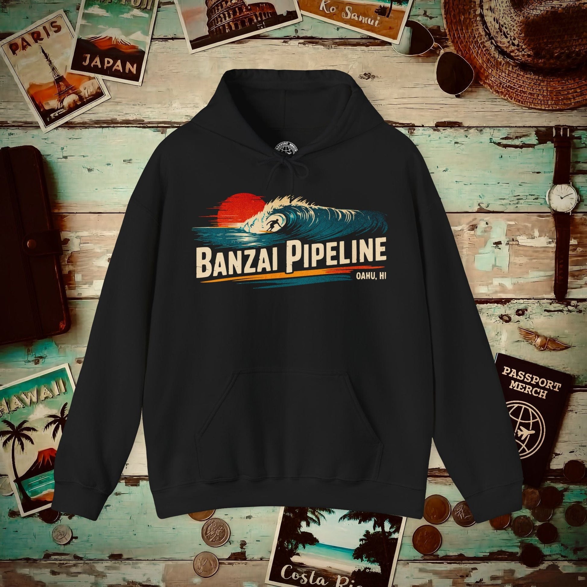 Banzai Pipeline, Oahu, Hawaii - Vibrant Surf Retro Hoodie Black / S
