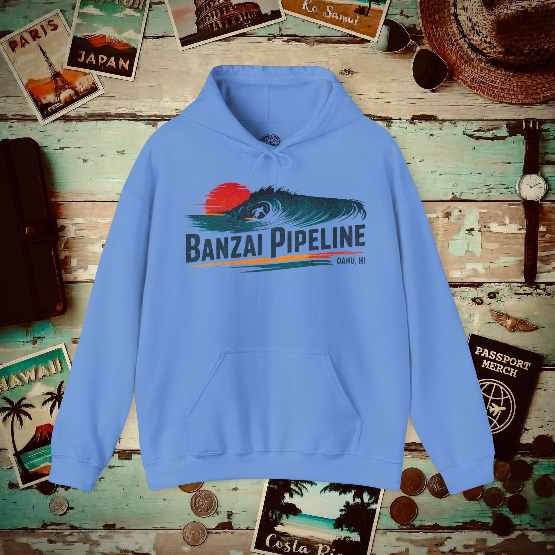Banzai Pipeline, Oahu, Hawaii - Vibrant Surf Retro Hoodie Carolina Blue / S