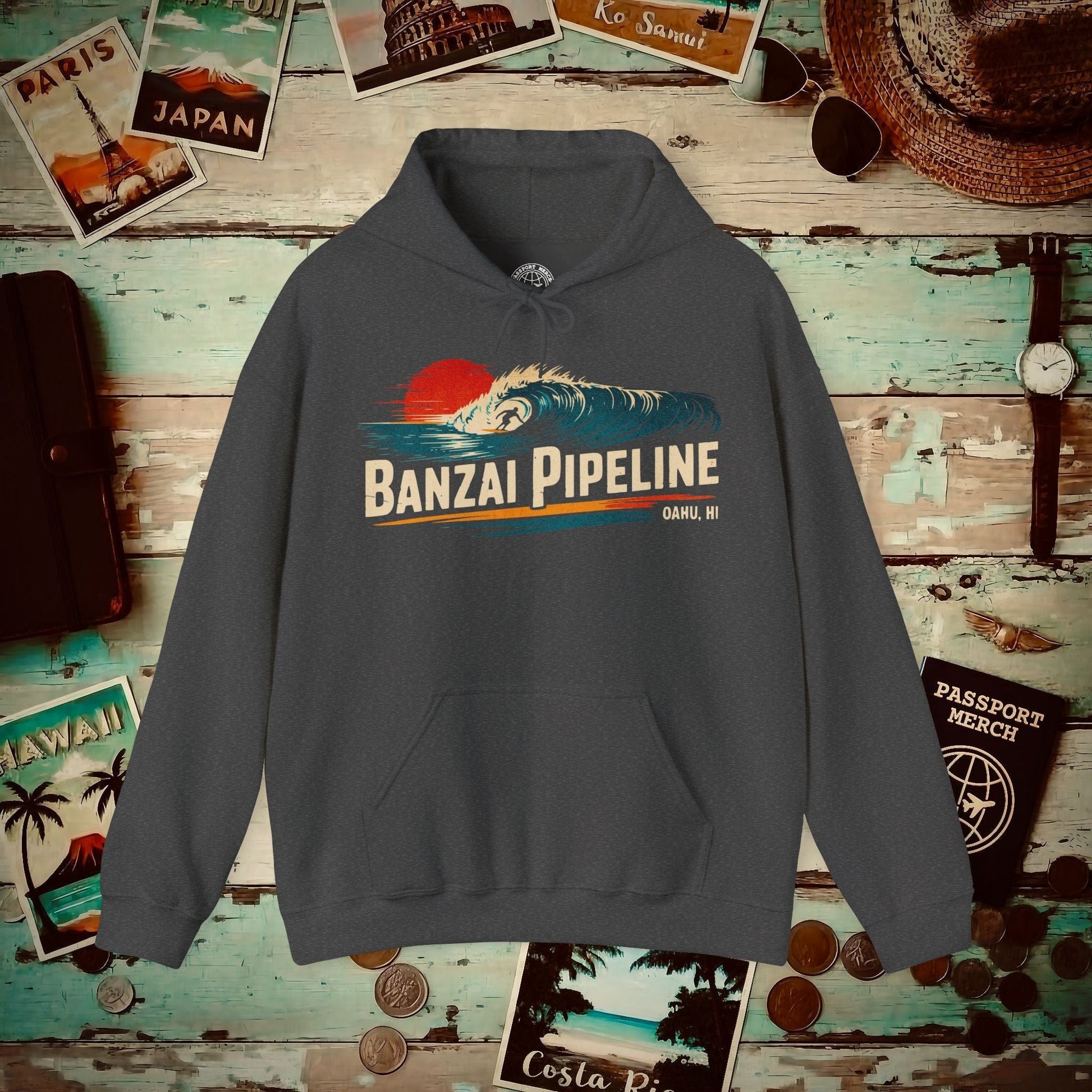 Banzai Pipeline, Oahu, Hawaii - Vibrant Surf Retro Hoodie Dark Heather / S