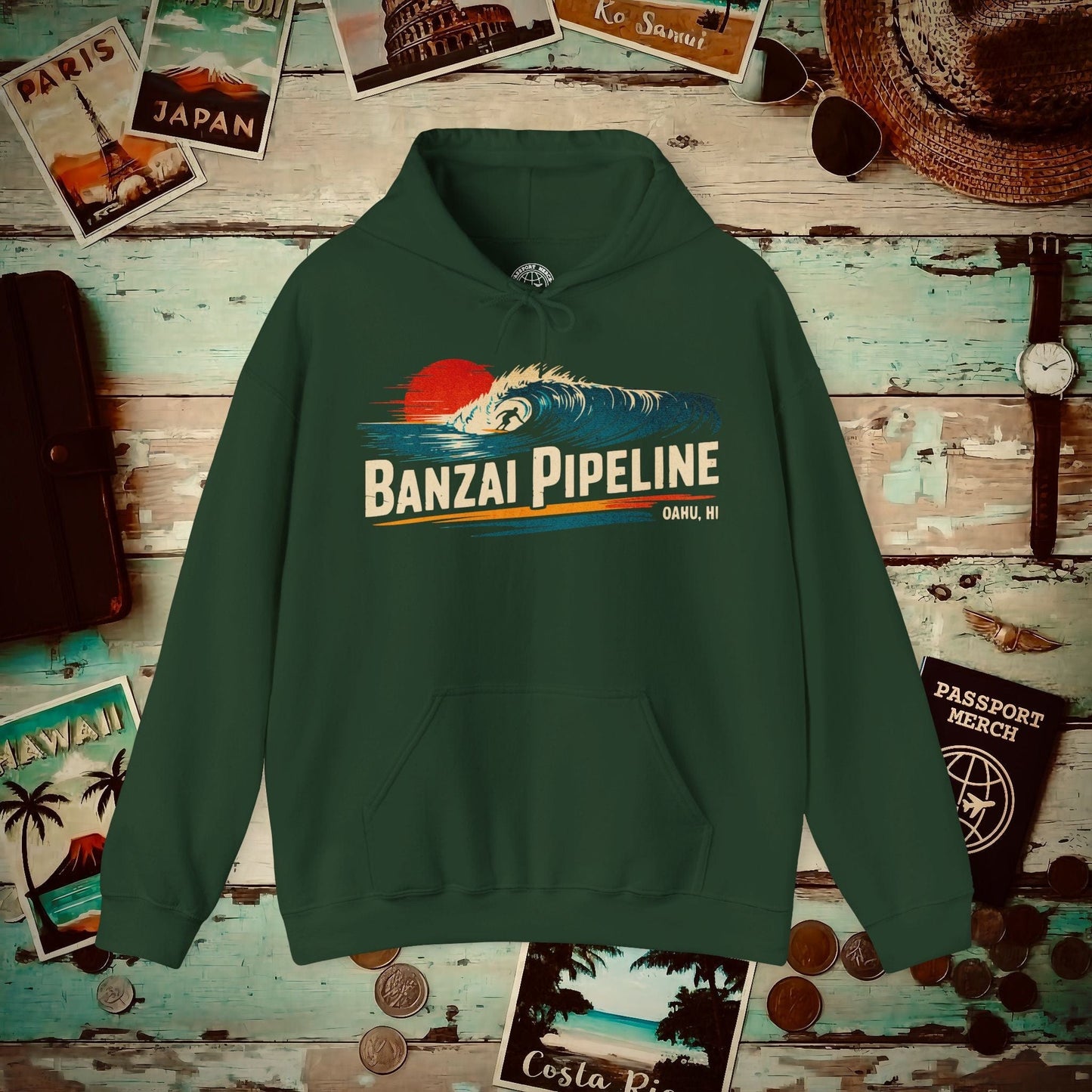 Banzai Pipeline, Oahu, Hawaii - Vibrant Surf Retro Hoodie Forest Green / S