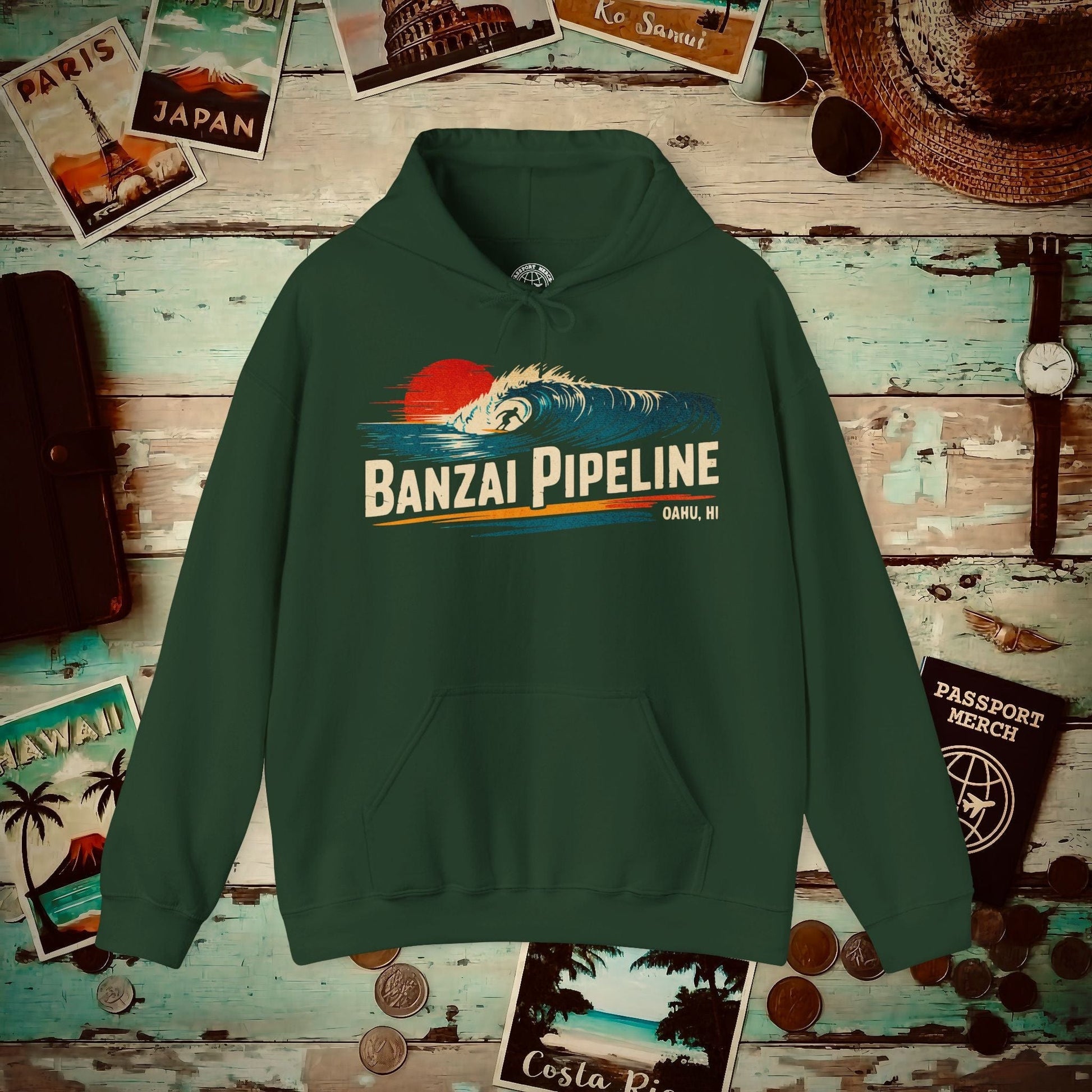 Banzai Pipeline, Oahu, Hawaii - Vibrant Surf Retro Hoodie Forest Green / S