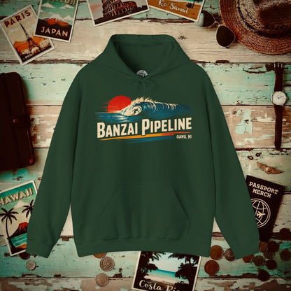 Banzai Pipeline, Oahu, Hawaii - Vibrant Surf Retro Hoodie Forest Green / S