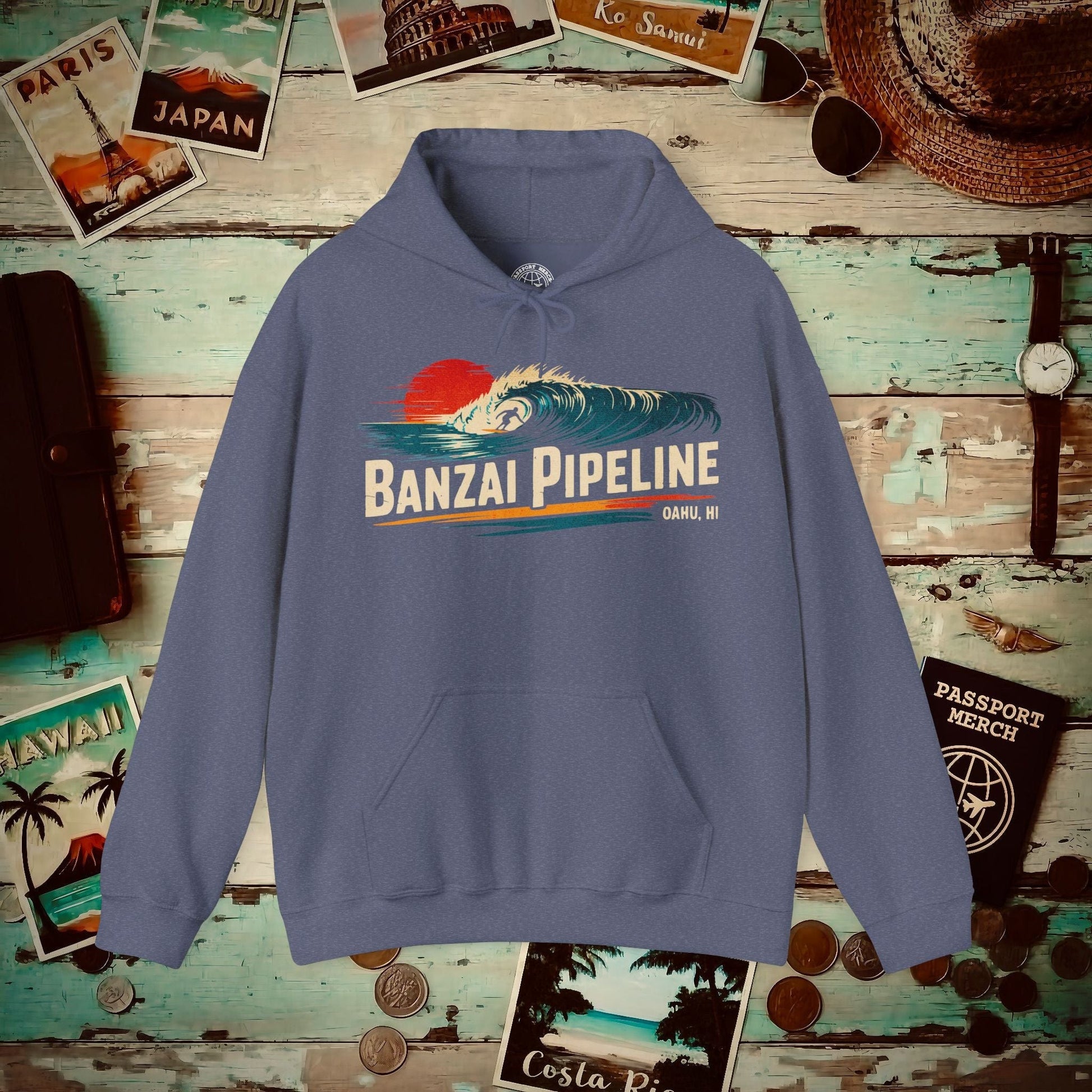 Banzai Pipeline, Oahu, Hawaii - Vibrant Surf Retro Hoodie Heather Navy / S