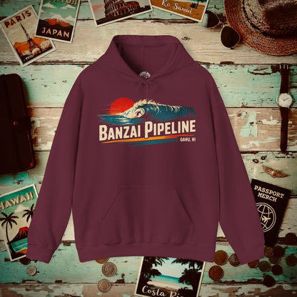 Banzai Pipeline, Oahu, Hawaii - Vibrant Surf Retro Hoodie Maroon / S