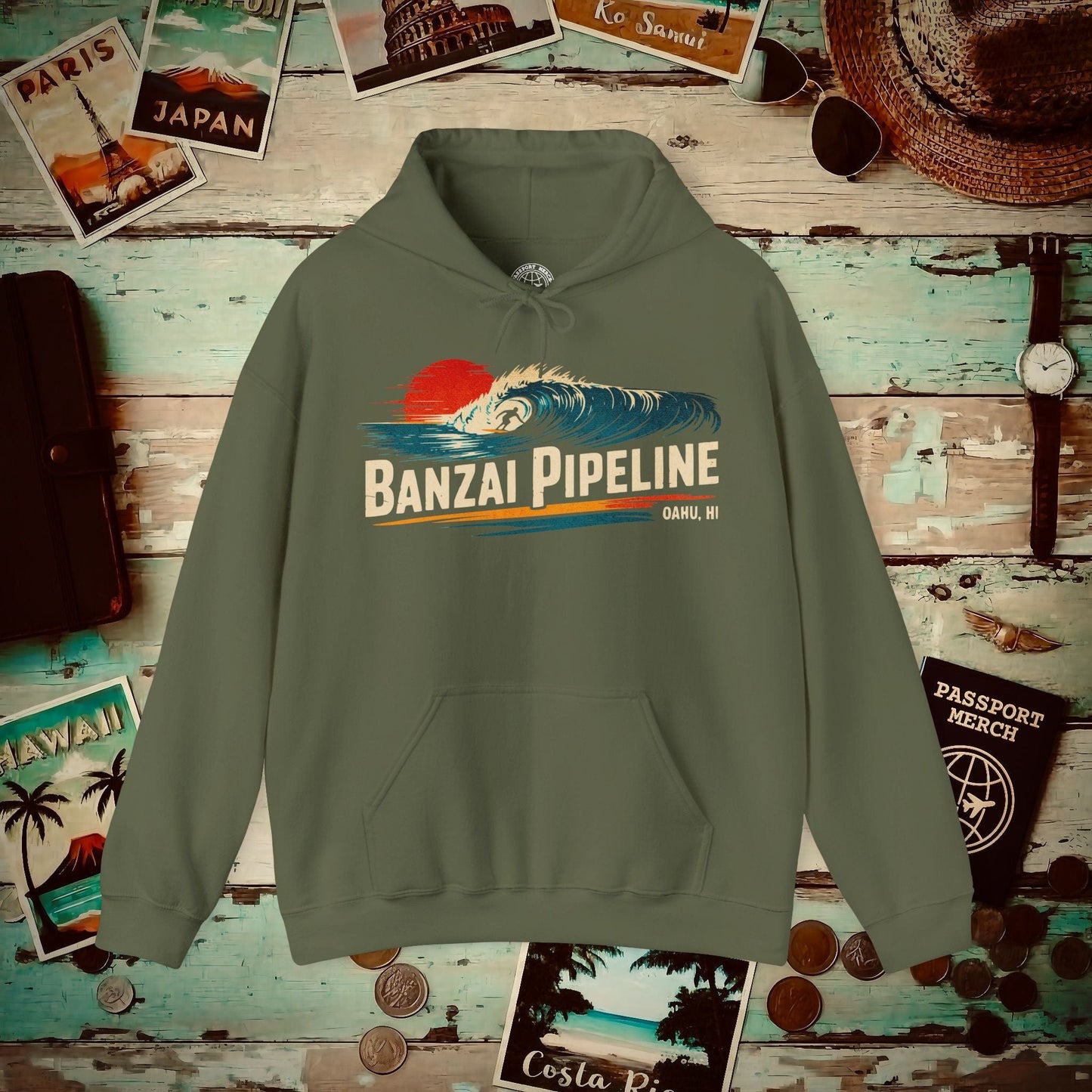 Banzai Pipeline, Oahu, Hawaii - Vibrant Surf Retro Hoodie Military Green / S